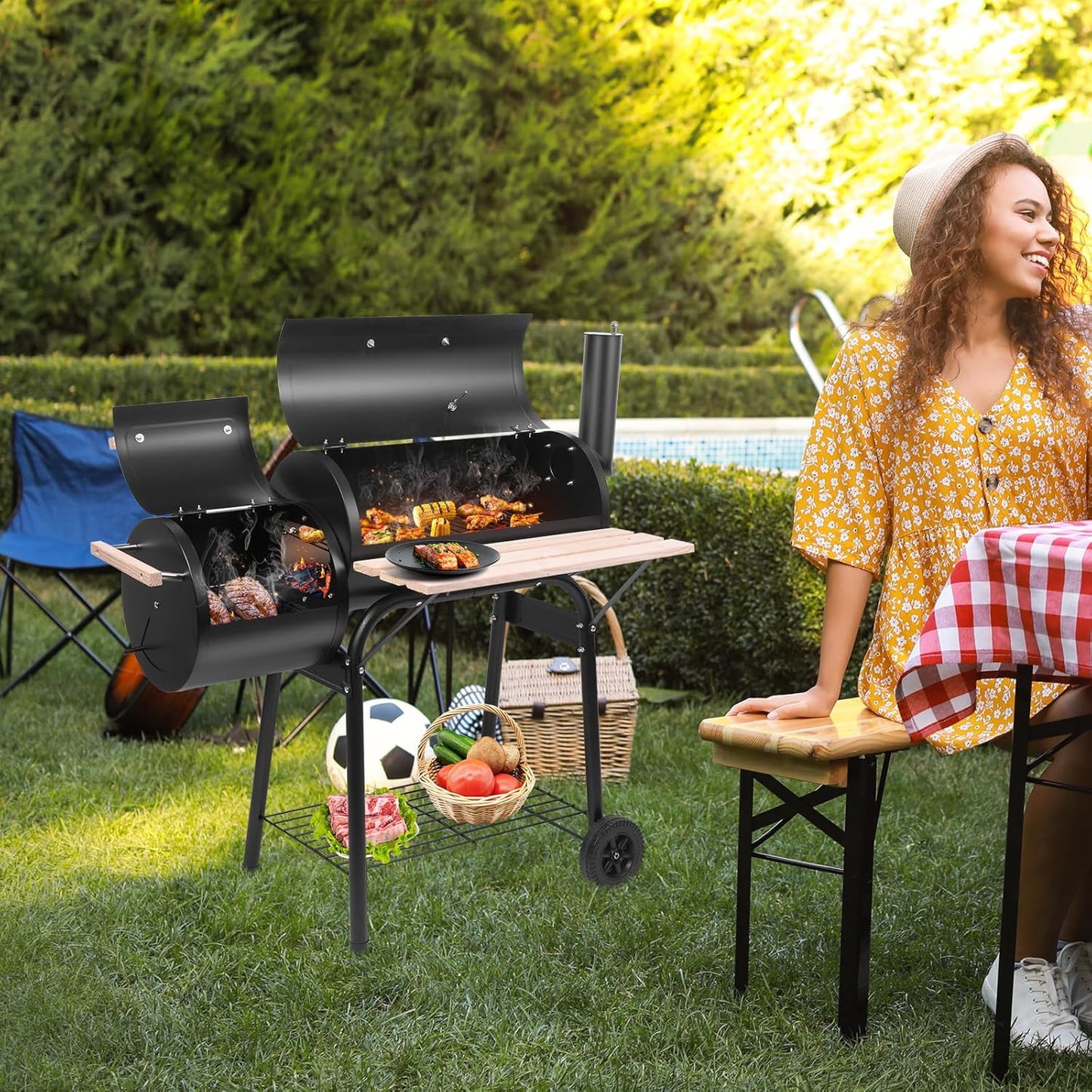 Outvita BBQ Charcoal Grill, Outdoor Patio Barbecue Cooker with Offset Smoker, Wheels and Tray for Balcony Picnics, Party and Camping