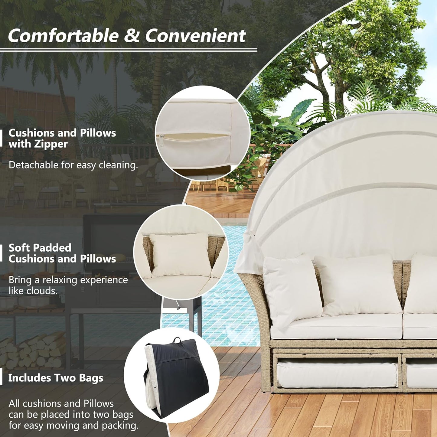 kevinplus Round Outdoor Daybed Patio Sunbed, Convertible Wicker Rattan Outdoor Daybed Sunbed with Retractable Canopy for Garden Backyard Porch Poolside, Beige