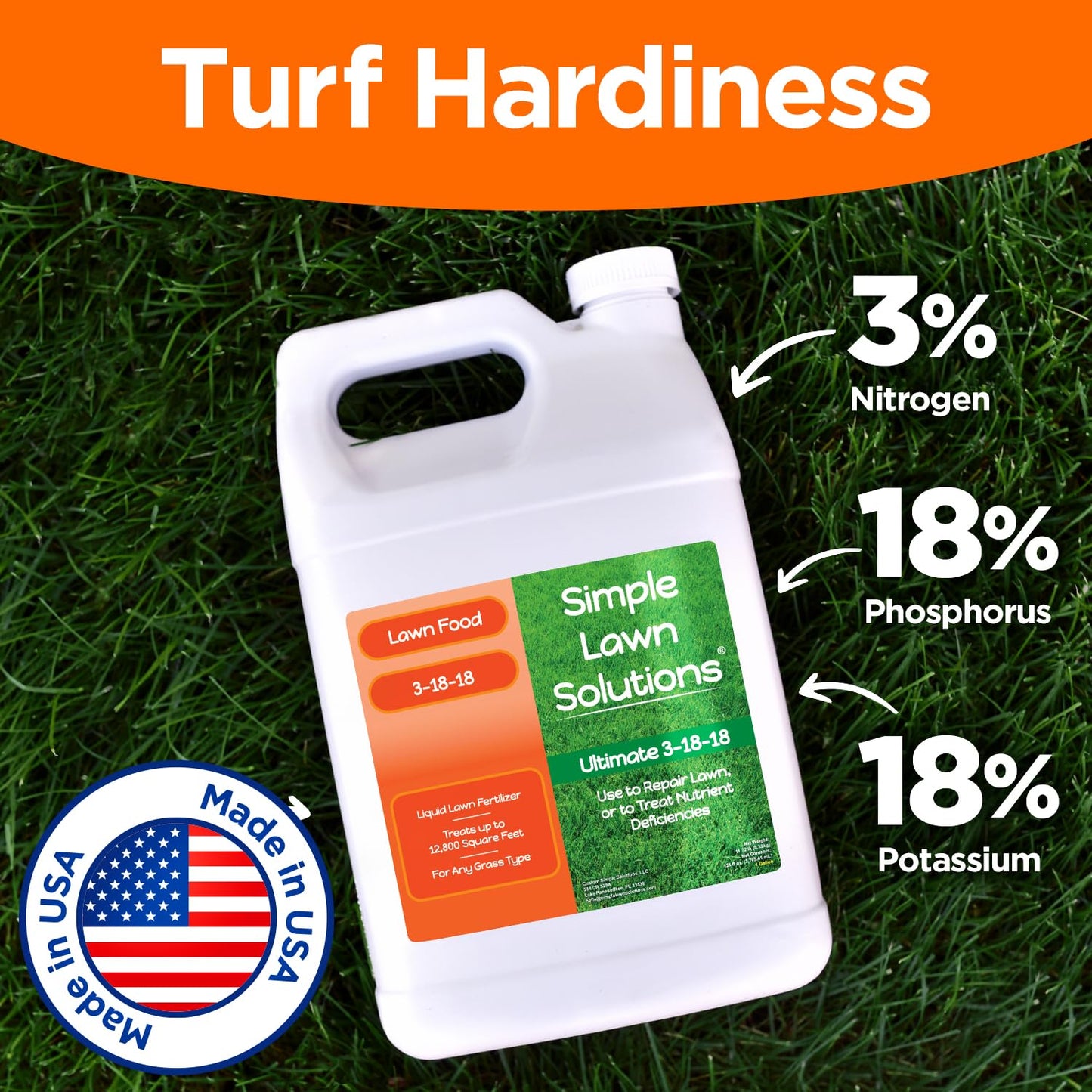 Ultimate 3-18-18 Lawn Food Liquid Fertilizer- Easy to Use Concentrated Spray- Any Grass Type- Summer & Fall - Simple Lawn Solutions- Turf Hardiness & Root Vigor- Phosphorus and Potassium (1 Gallon)