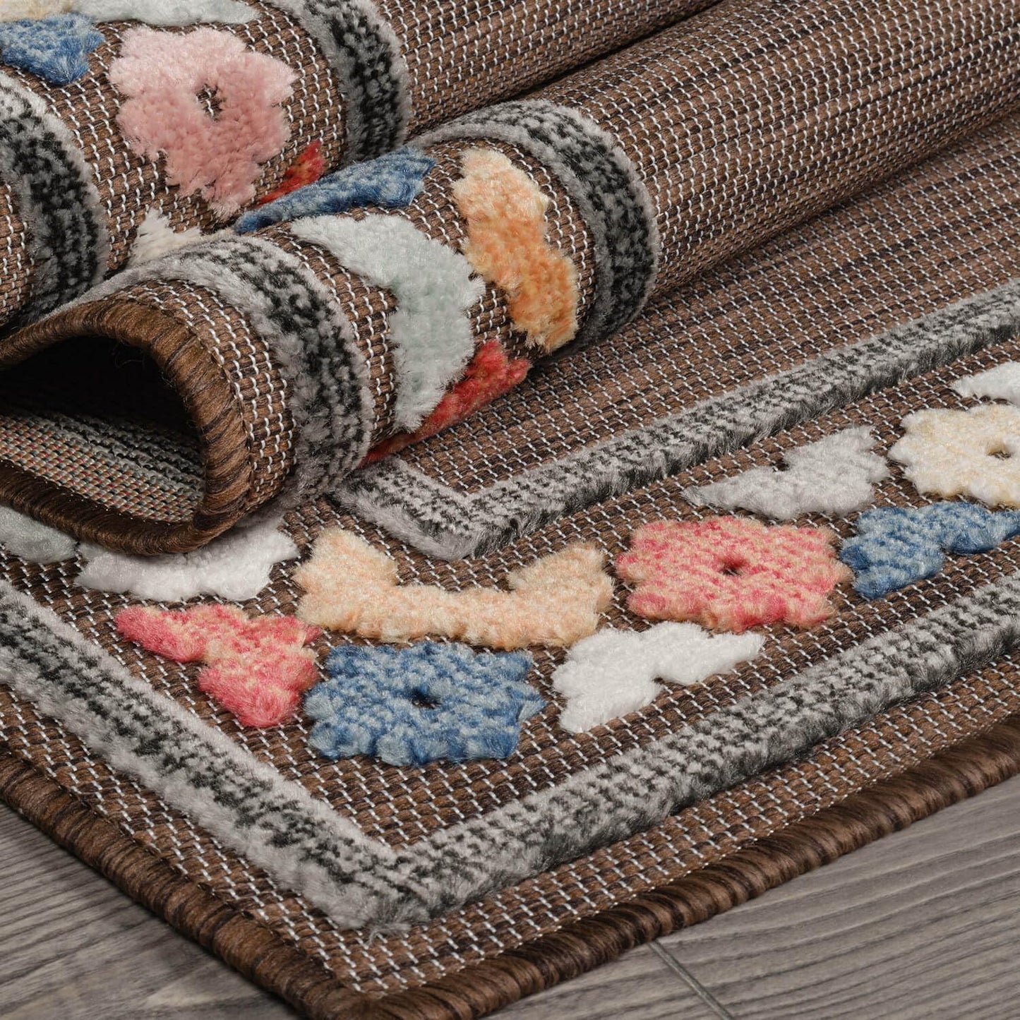 Beverly Rug Outdoor Runner Rug 2x7 Modern Floral Bordered Area Rugs for Indoor and Outdoor Patio Easy to Clean Non Shedding Living Room Porch Garden Washable Outside Carpet (2 x 7 Brown)