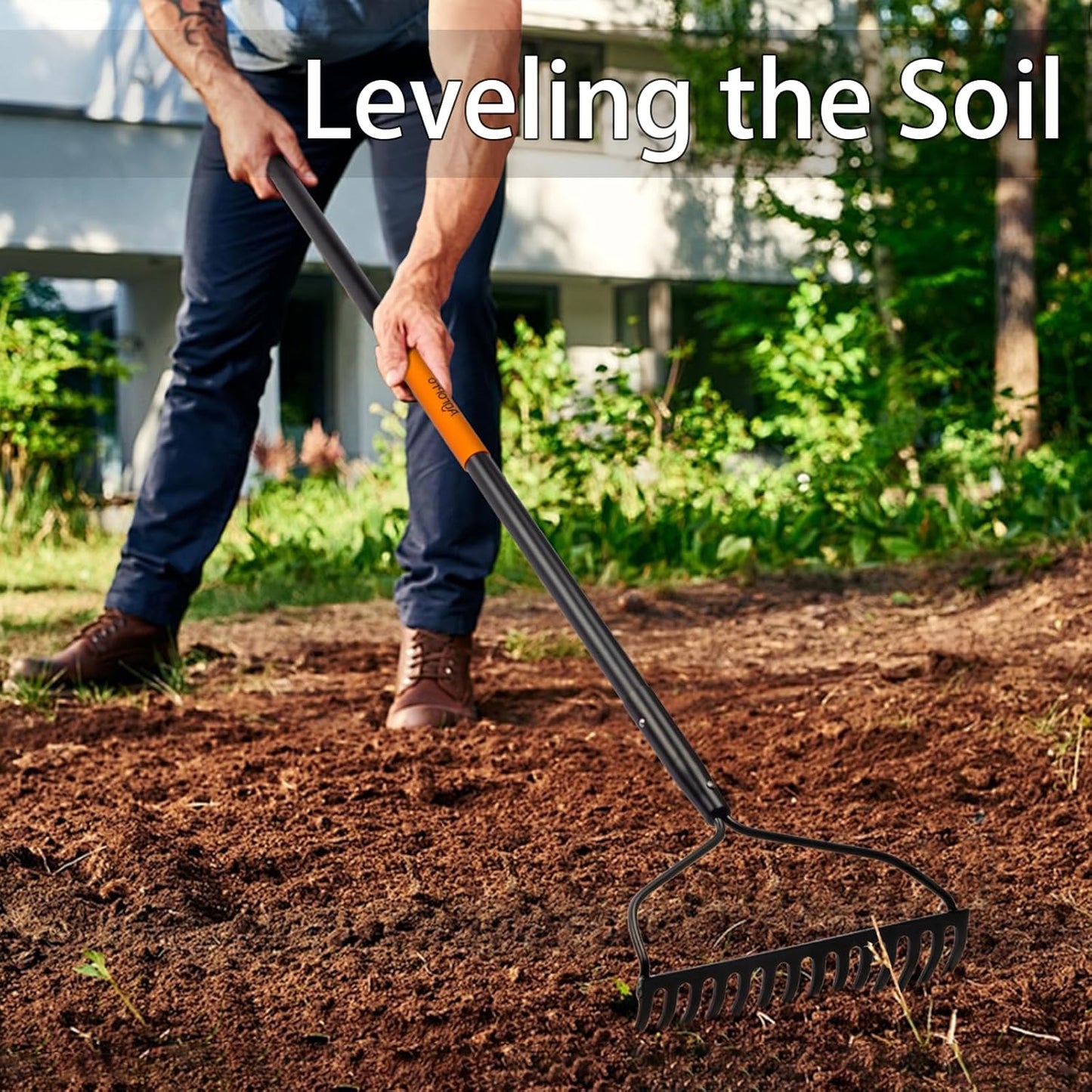 Garden Rake for Lawn Heavy Duty, 14 Tines Metal Rake with Thick Fiberglass Handle, 58 Inches