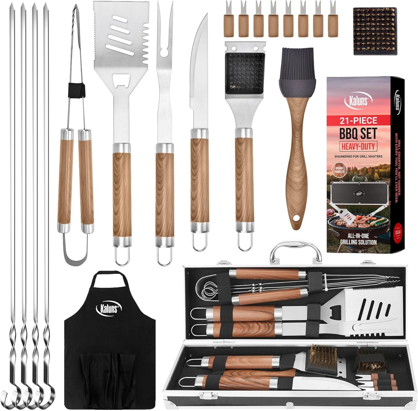 Kaluns Grilling Accessories, Dad Gifts for Christmas Grilling Gifts, Heavy Duty Stainless Steel BBQ Grill Tools Set for Outdoor Grill with Aluminum Case and Apron, Dad Birthday Gifts for Men Husband