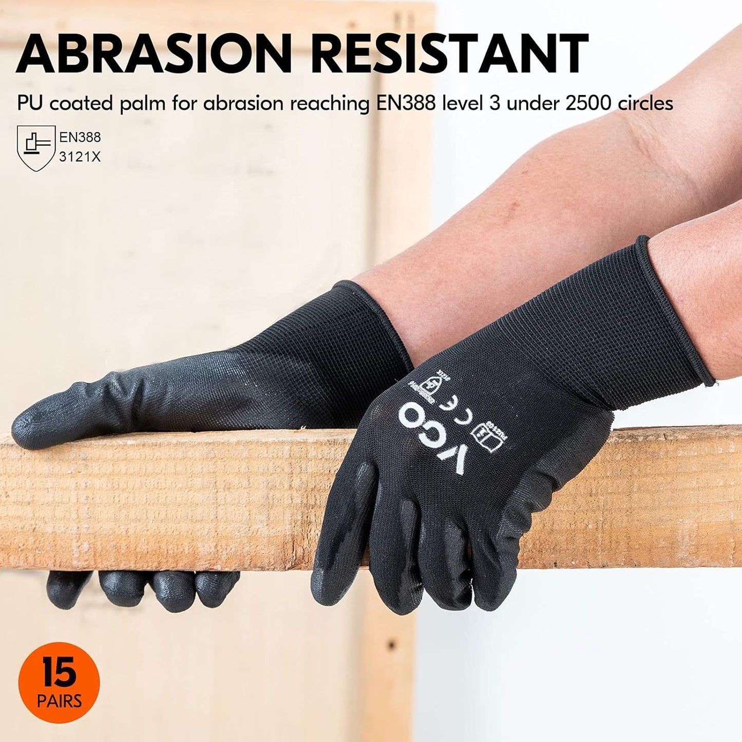 Vgo... 15-Pairs Safety Work Gloves, Gardening Gloves, Polyurethane Coated, Dipping Gloves, Latex Free (Size M, Black, PU2103)