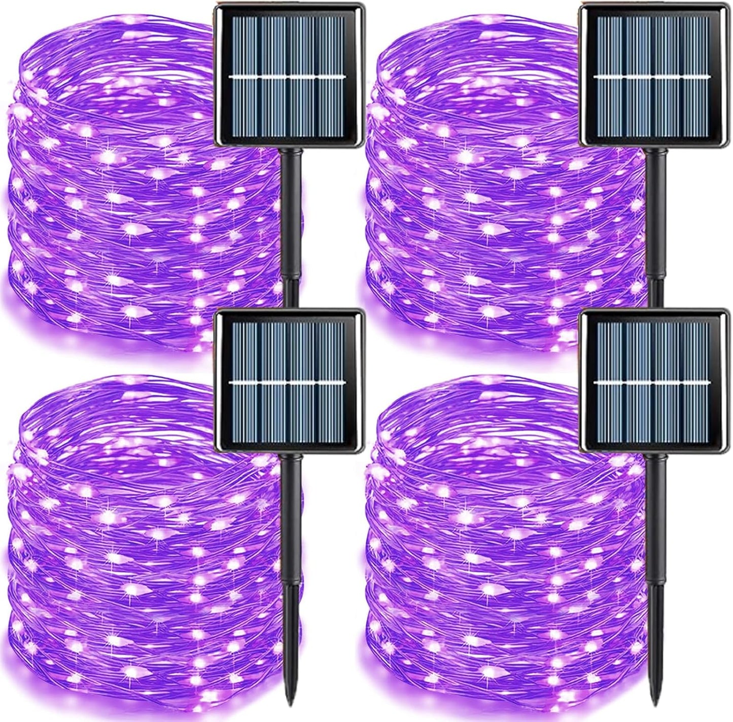 YEGUO Purple Halloween Lights Outdoor Waterproof, 4 Pack Each 33ft 100 LED Solar Fairy Lights, 8 Modes String Light for Outside