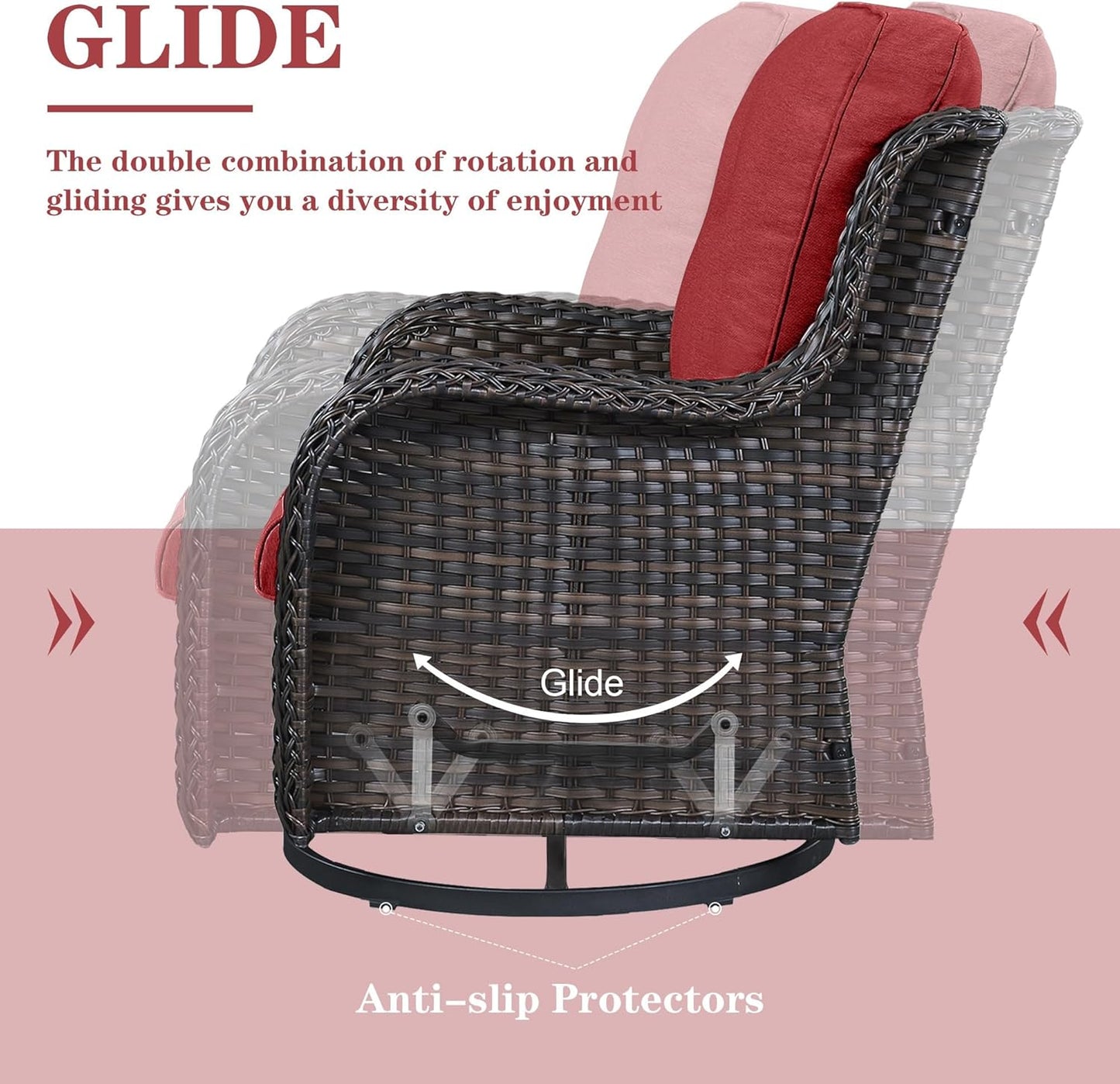 Outdoor Swivel Rocker Patio Chairs - 3 Piece Outdoor Bistro Set Wicker Patio Rocking Chairs Set of 2 with Side Table, 360 Degree Swivel Glider Seating for Porch Balcony Deck Brown/Red