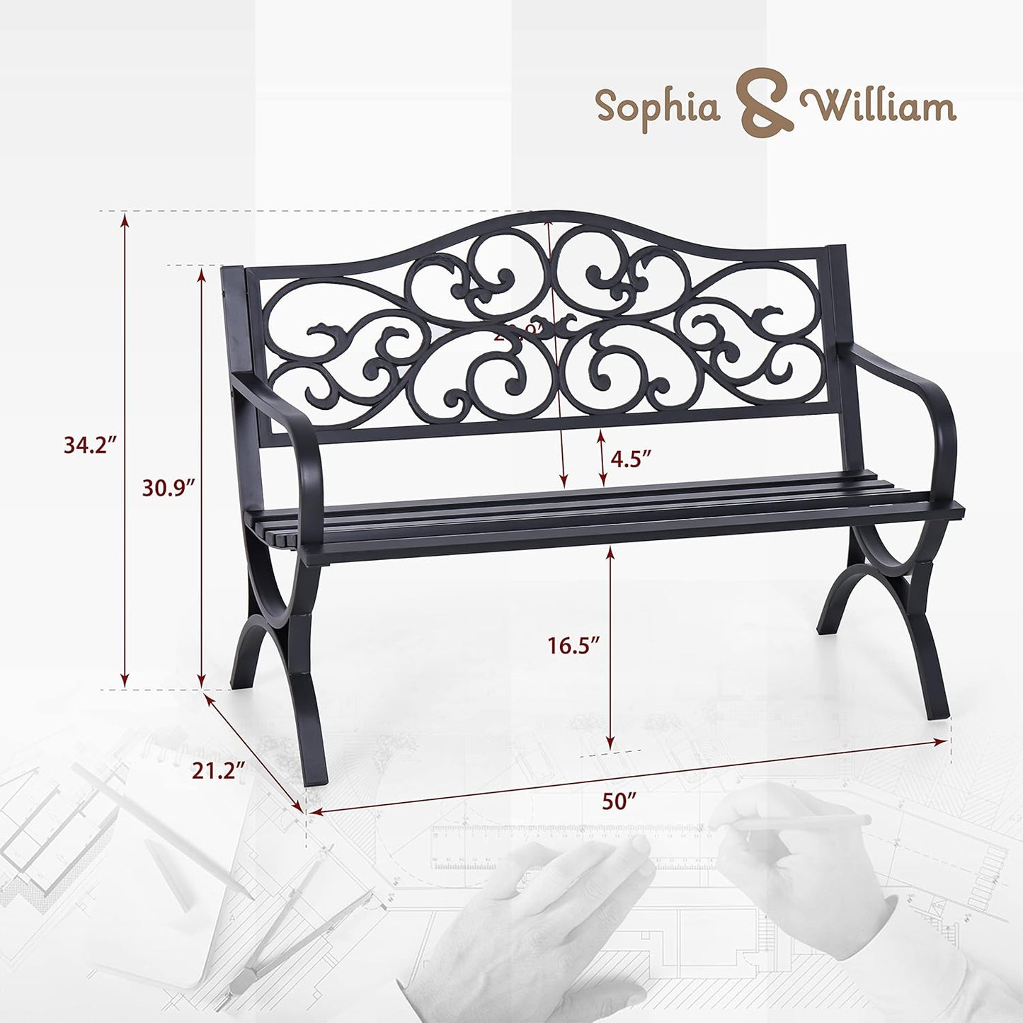 Sophia & William 50" Outdoor Garden Bench Patio Park Bench, Cast Iron Metal Frame Furniture with Floral Design Backrest for Porch Yard Lawn Deck, Black