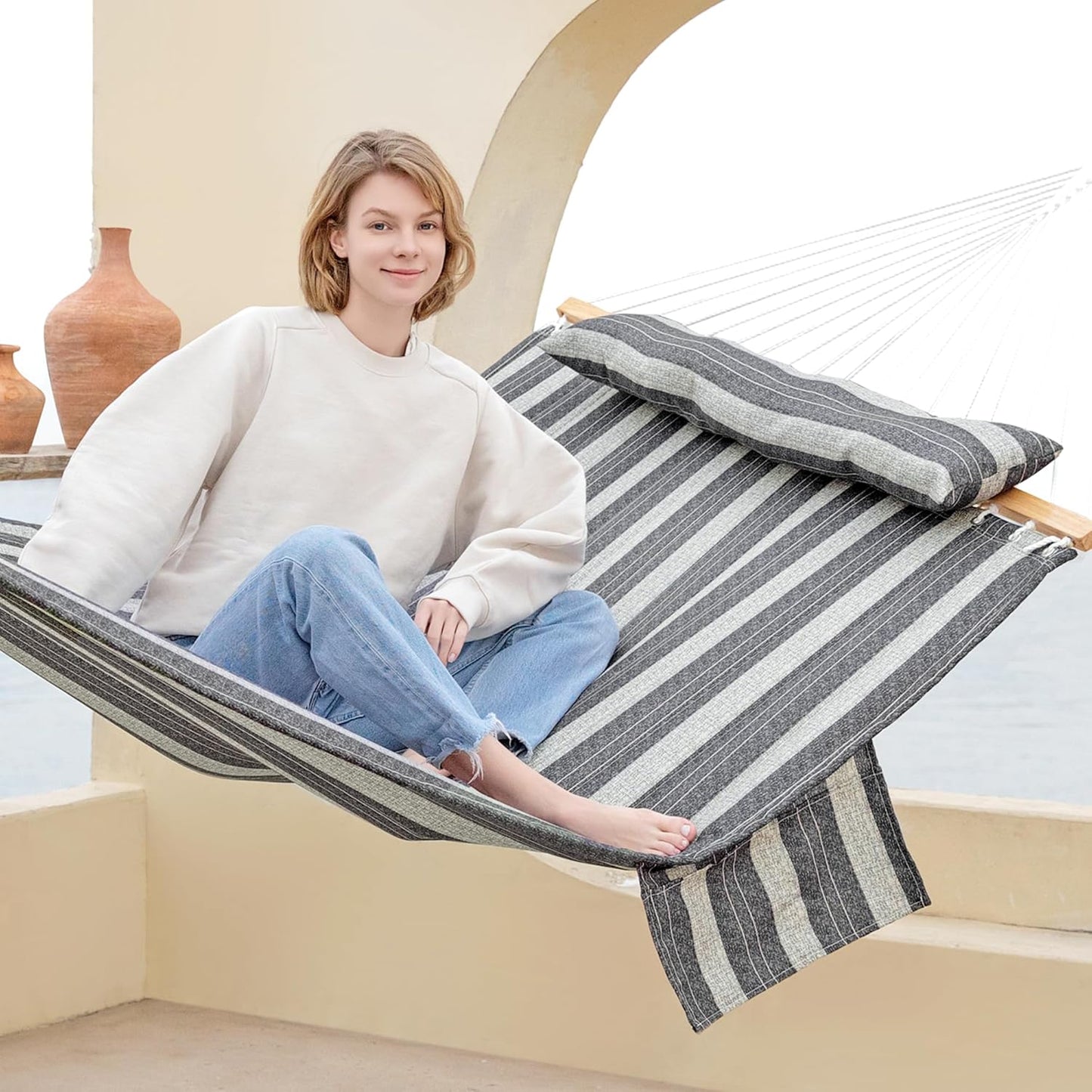 2 Person Hammocks for Outside, Double Quilted Fabric Outdoor Hammock with Spreader Bar, Large Removable Pillow, Storage Pockets, Carabiners, Max 475 lbs Capacity (Slate Grey)