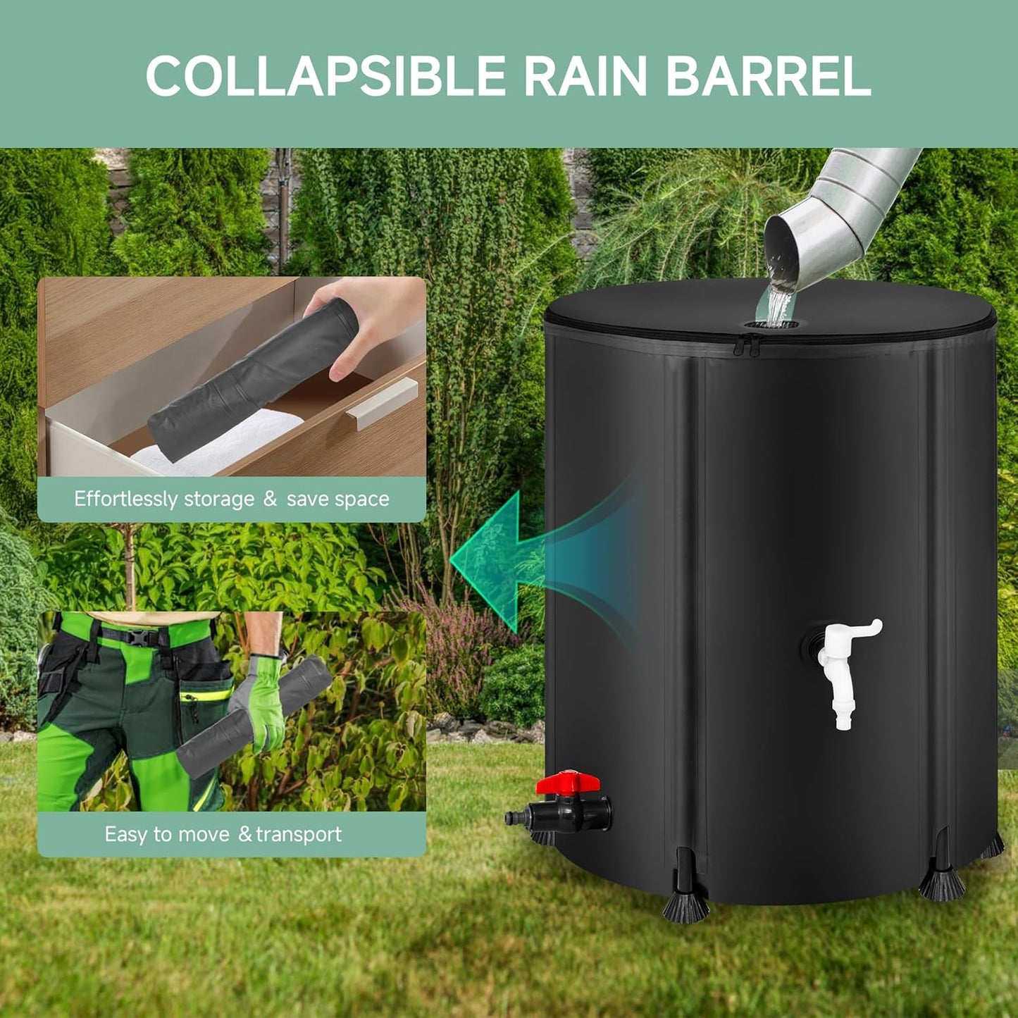 Collapsible Rain Barrel Water Storage Containers-53 Gallon Portable Rainwater Collect System Water Tank to Collect Rainwater from Gutter Downspout Water Catcher with Spigots,Filter＆Overflow Kits