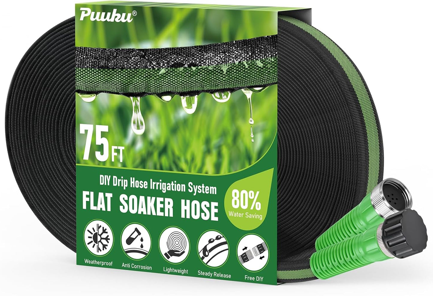 Flat Soaker Hose 75FT for Garden and Lawns, 80% Water-Saving Drip Irrigation Hose with Anodized Aluminum Ends, Flexible Leakproof Double Layer Gardening Hoses ﻿