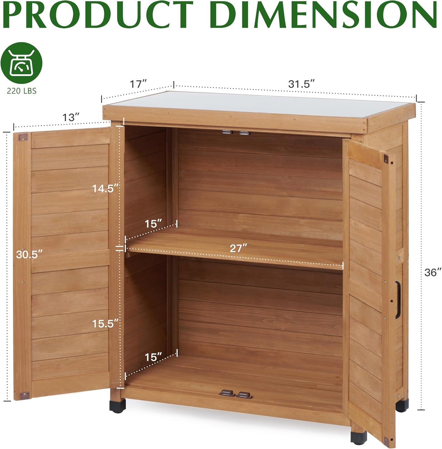 Outdoor Storage Cabinet & Potting Bench Table with Metal Top, Wooden Patio Furniture, Garden Workstation (Light Brwon, 36x31x17in)