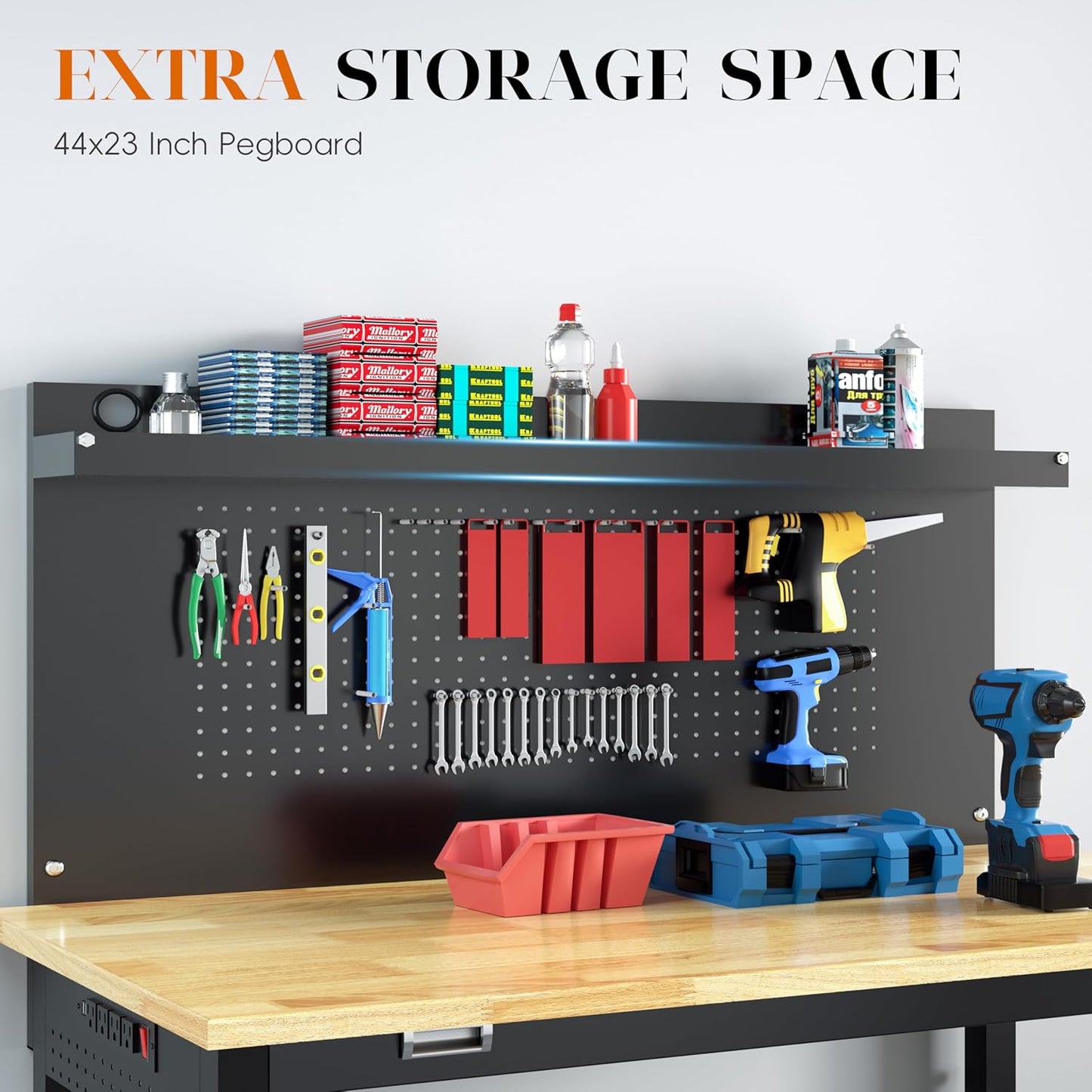 48" Heavy Duty Adjustable Workbench with Large Pegboard, Adjustable Work Table with Power Outlets & Lockable Wheels, Rubber Wood Workstation for Garage, Workshop, Office, Home, Commercial