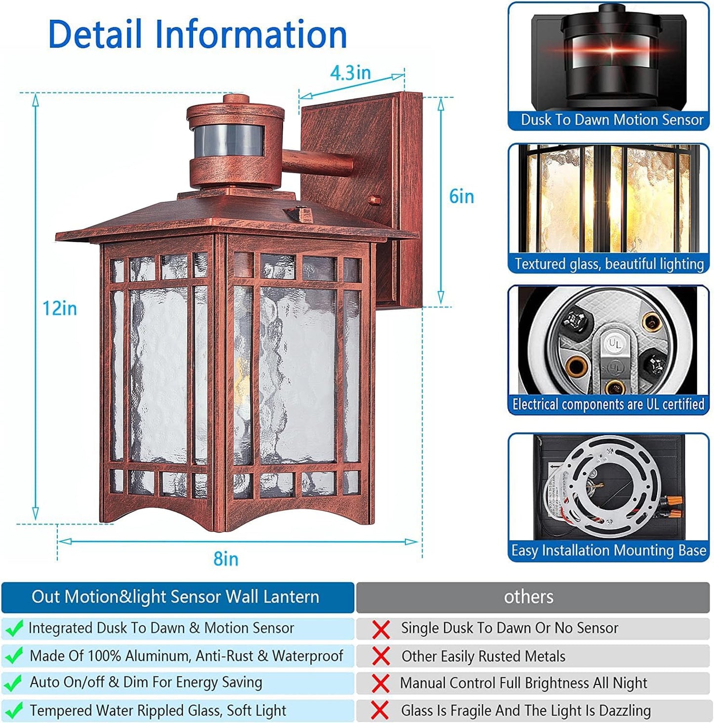Dusk to Dawn Motion Sensor Outdoor Lights - Dark red Exterior Light Fixture Wall Mount for Outside House Porch Patio Garage - Yard Front Motion Detector Lantern - Waterproof Anti-Rust Lighting