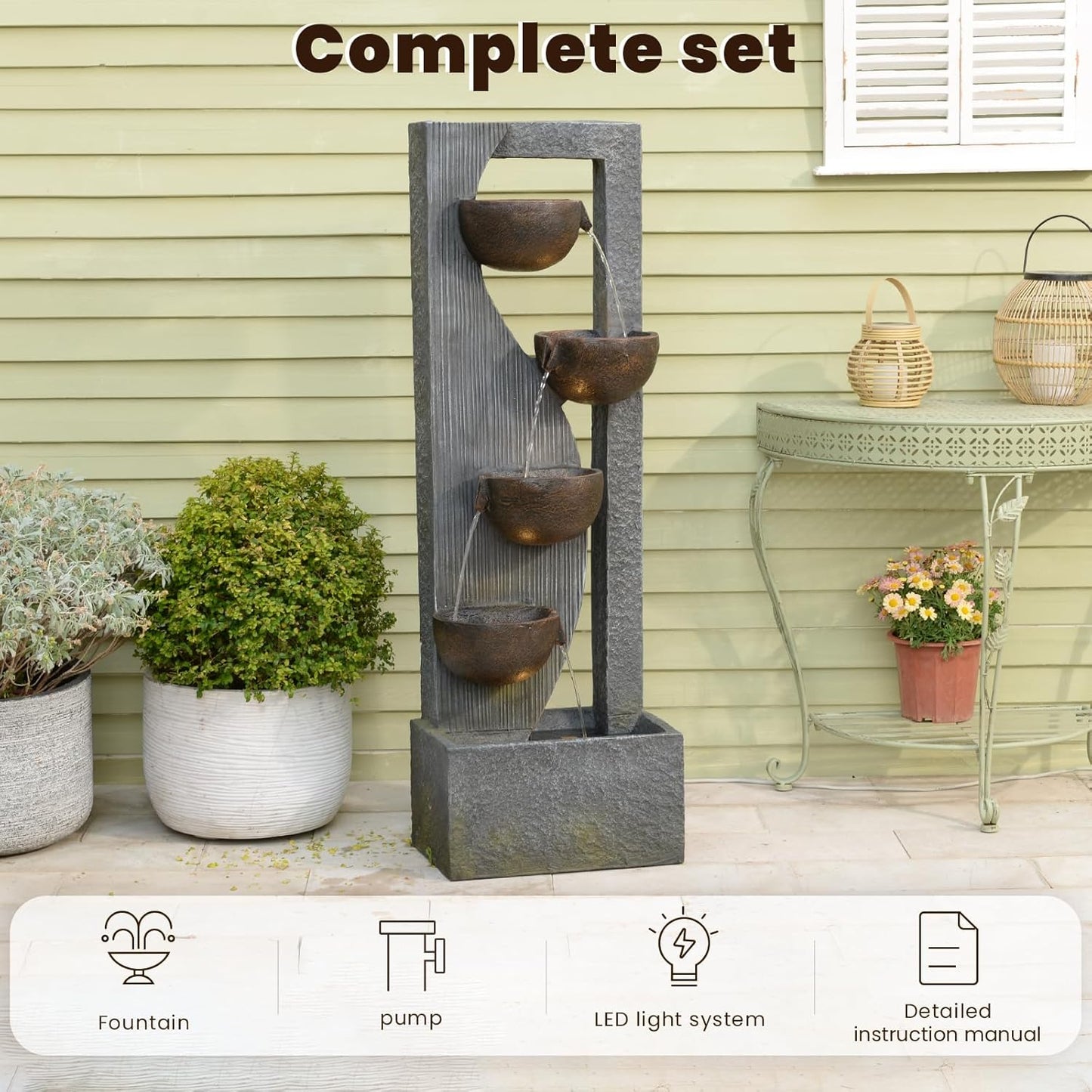 5-Tier Cascading Outdoor Fountain with LED Lights, 49.2" Tall Resin Waterfall Fountain for Garden, Patio, Backyard - Freestanding Water Feature