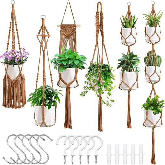 Macrame Plant Hangers, 6Pack Hanging Planters for Indoor Plants w/ 6 Set Hangers Kit Handmade Macromay Plant Hangers Indoor Flower Pots Holder Stand for Boho Home Décor (POTS NOT Included)