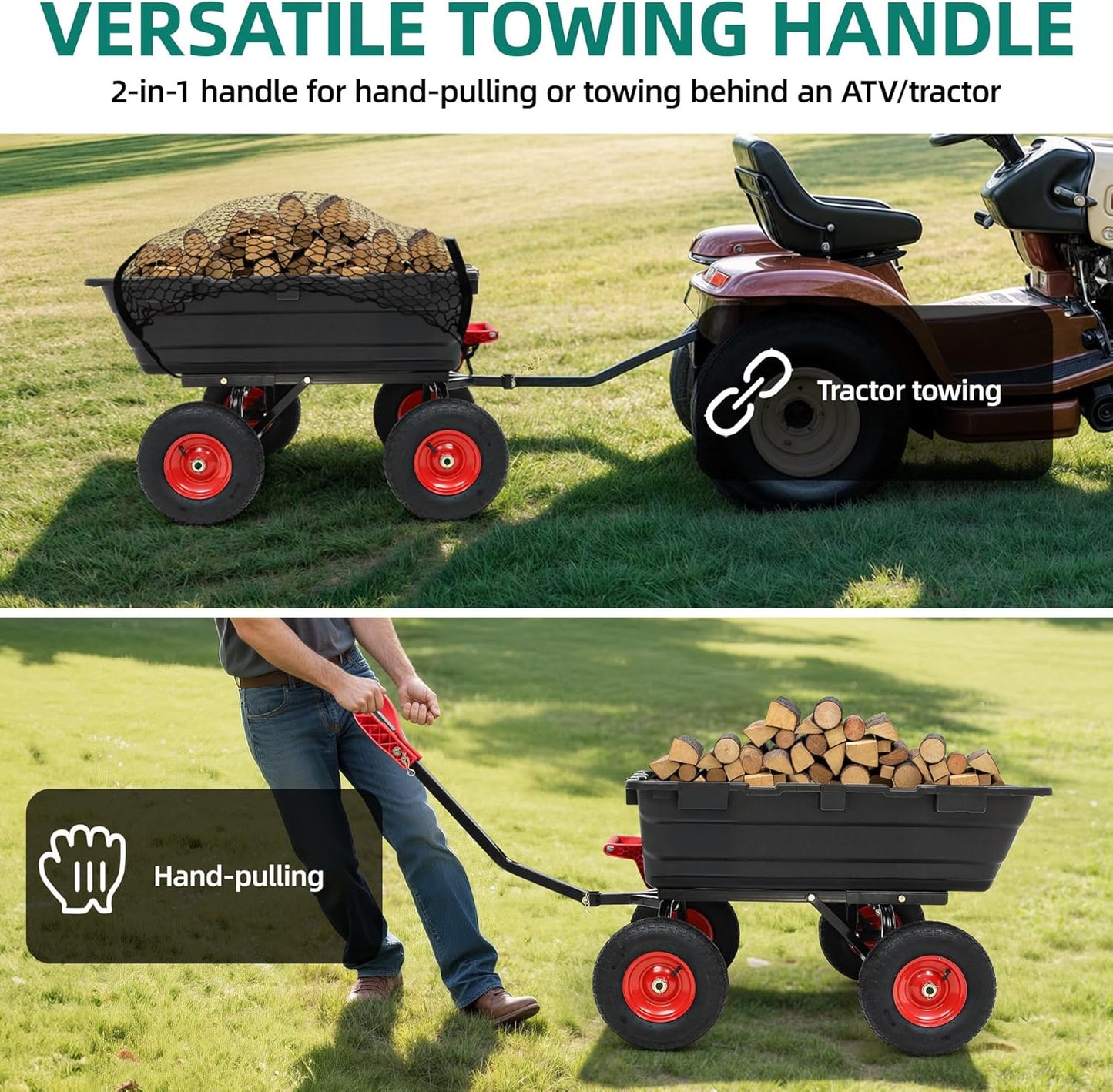 1200lbs Garden Dump Cart,Ultym Heavy Duty 7 Cu.Ft Trailer Dump Cart with Hitch,Garden Dump Wagon with 13" All Terrain Wheels & 2-in-1 Handle,Tow Behind for Lawn Mower Tractor ATV