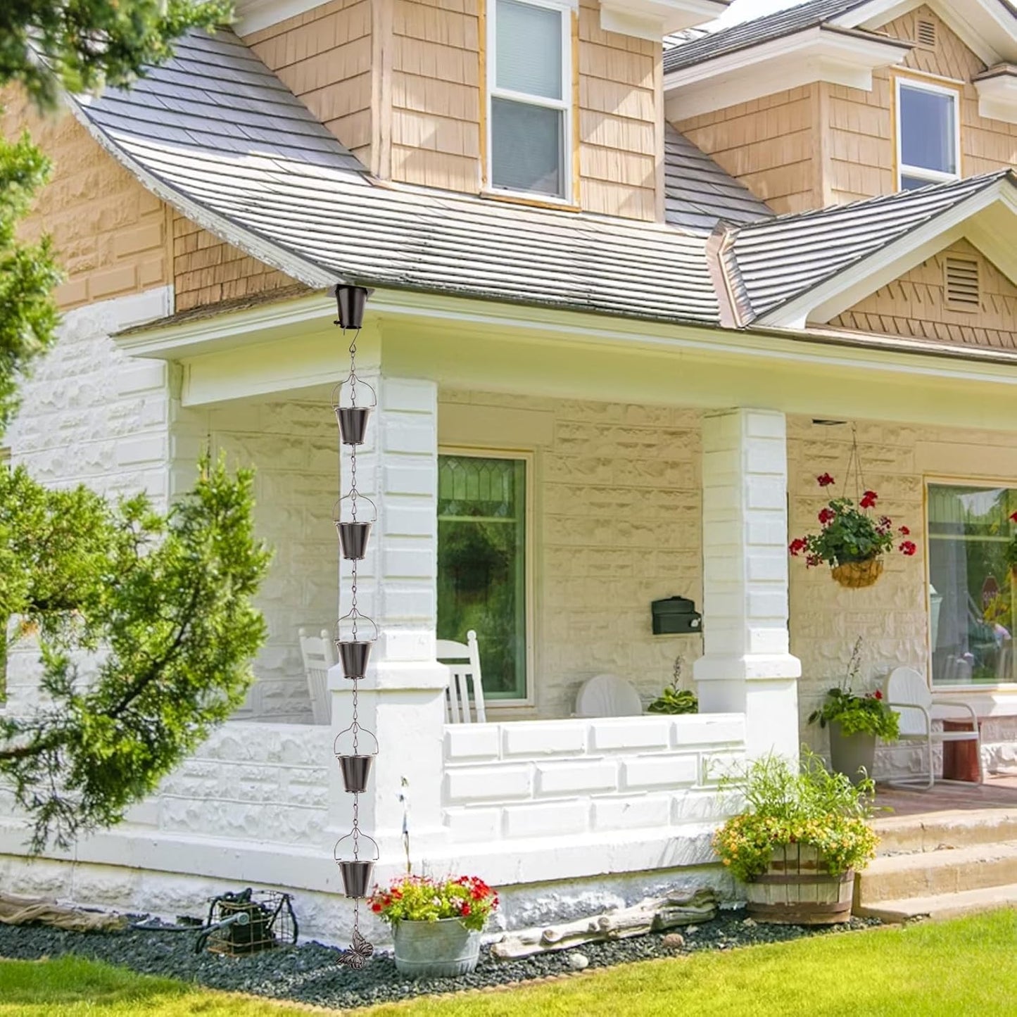 8.66 Ft Gutter Rain Chain, Metal Collector Rain Chain for Eaves Drainage, 16 Cup Small Bucket Metal Decorative Gutter Rain Chain, Outdoor Decorative Rain Chain (Brown)