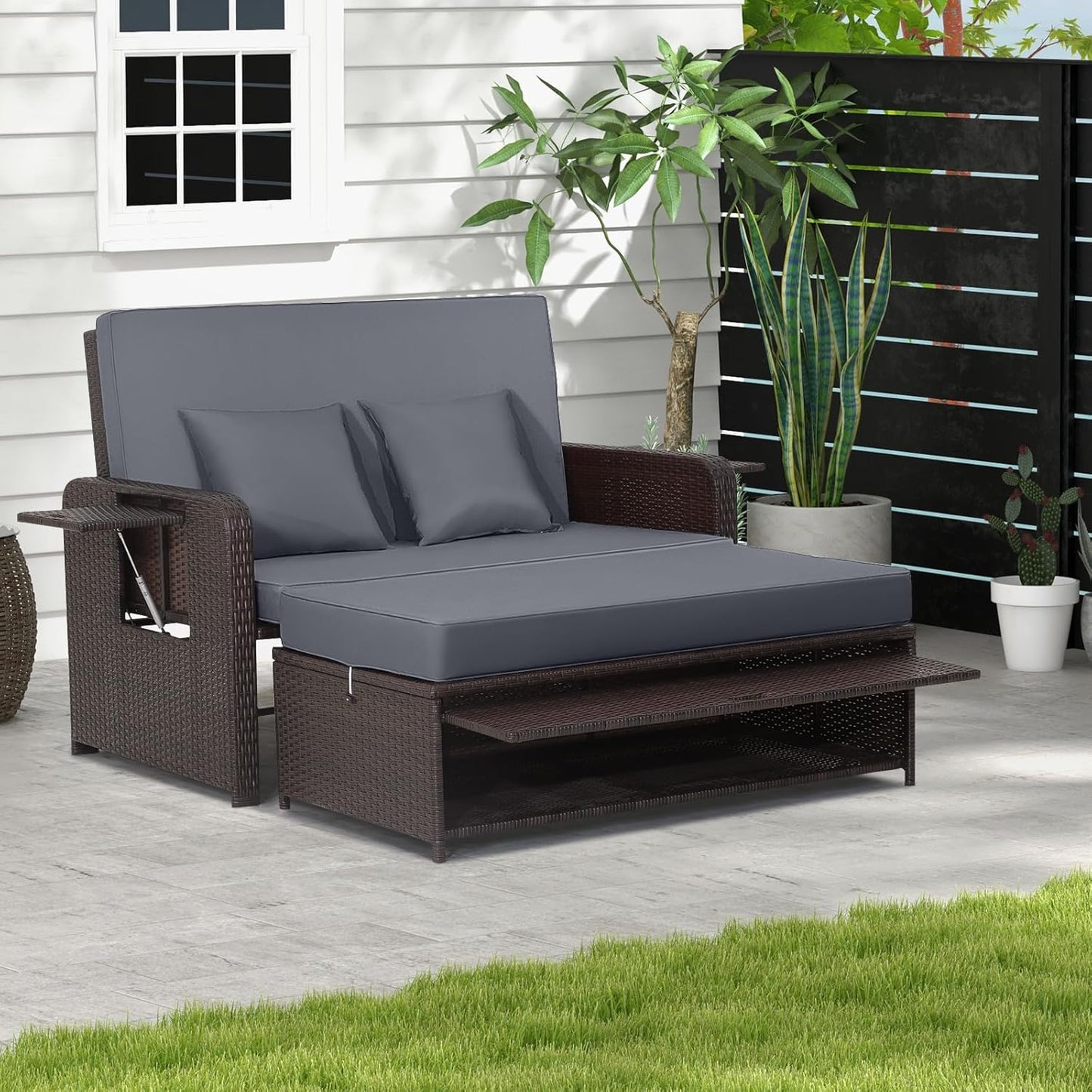 Tangkula Patio Rattan Daybed Set, Wicker Loveseat Sofa w/Multipurpose Ottoman & Retractable Side Tray, 4-Level Adjustable Backrest, Footstool w/Storage, Seat & Back Cushion Included