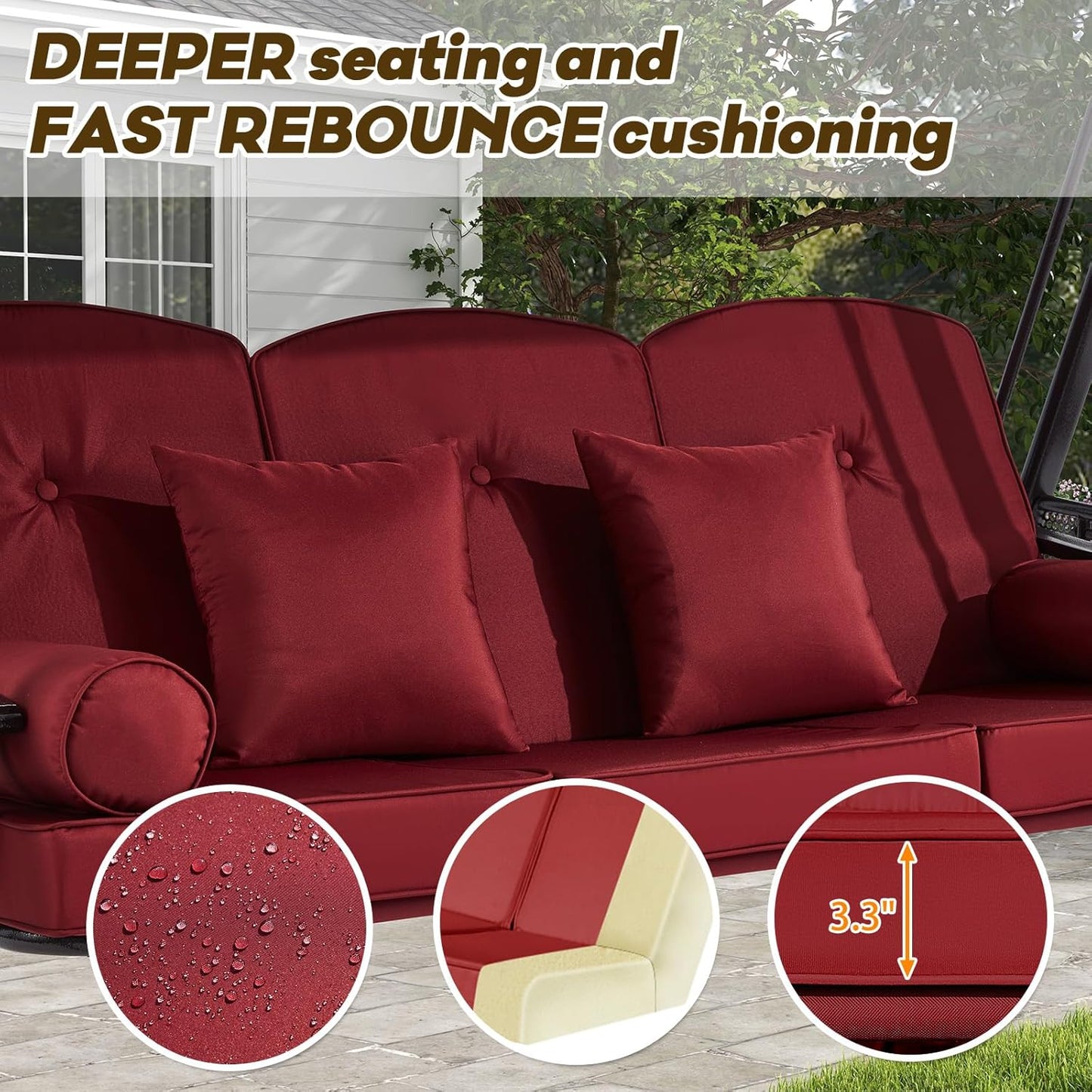 3 in 1 Outdoor Porch Swing with Adjustable Canopy, 3 Seat Outdoor Swing for Adults, Patio Swing Chair with Thickened Cushions,Pillows & Cup Holders for Backyard, Porch, Garden (Wine Red)