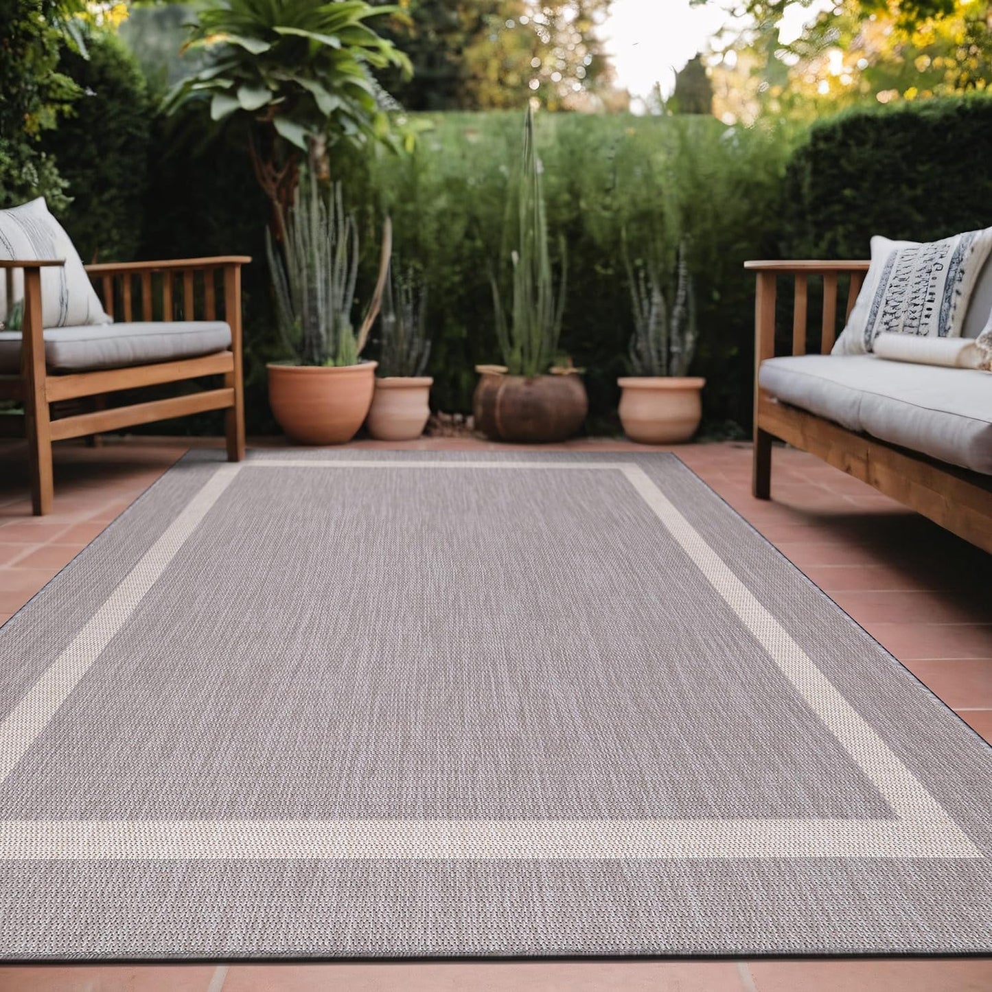 Bordered Outdoor Rug 6x9 Washable Outside Carpet for Indoor Patio Porch Waterproof Easy Cleaning Non Shedding Area Rugs Gray 6 x 9