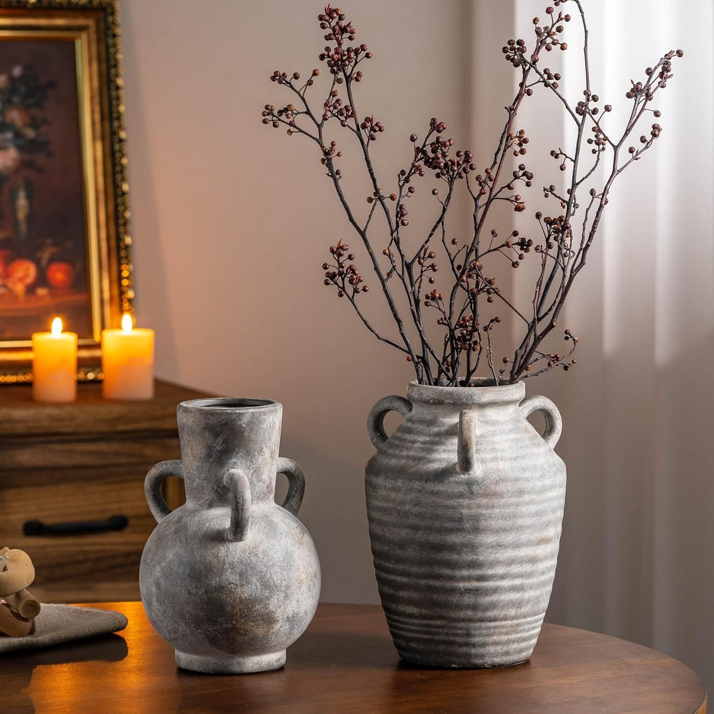 Grey Terracotta Ceramic Vase with Handles, Vintage Rustic Pottery Vases for Table Centerpiece, Cottage Core Home Decor, Large Flower Vases for Bouquet Entryway Mantel Bookshelf Living Room 8.9 Inch