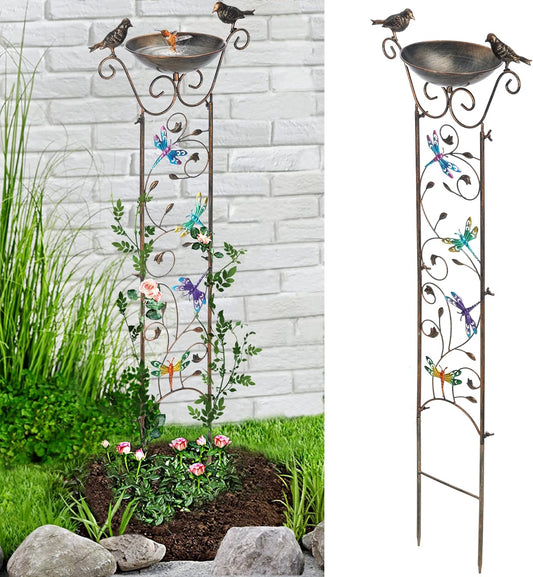 LEWIS&WAYNE Garden Trellis Bird Bath Outdoor, 40 Inch Antique Iron Garden Plant Trellis Decorative with Dragonfly and Detachable Drinking Basin Bowl, Free Standing BirdBath Birdfeeder Station