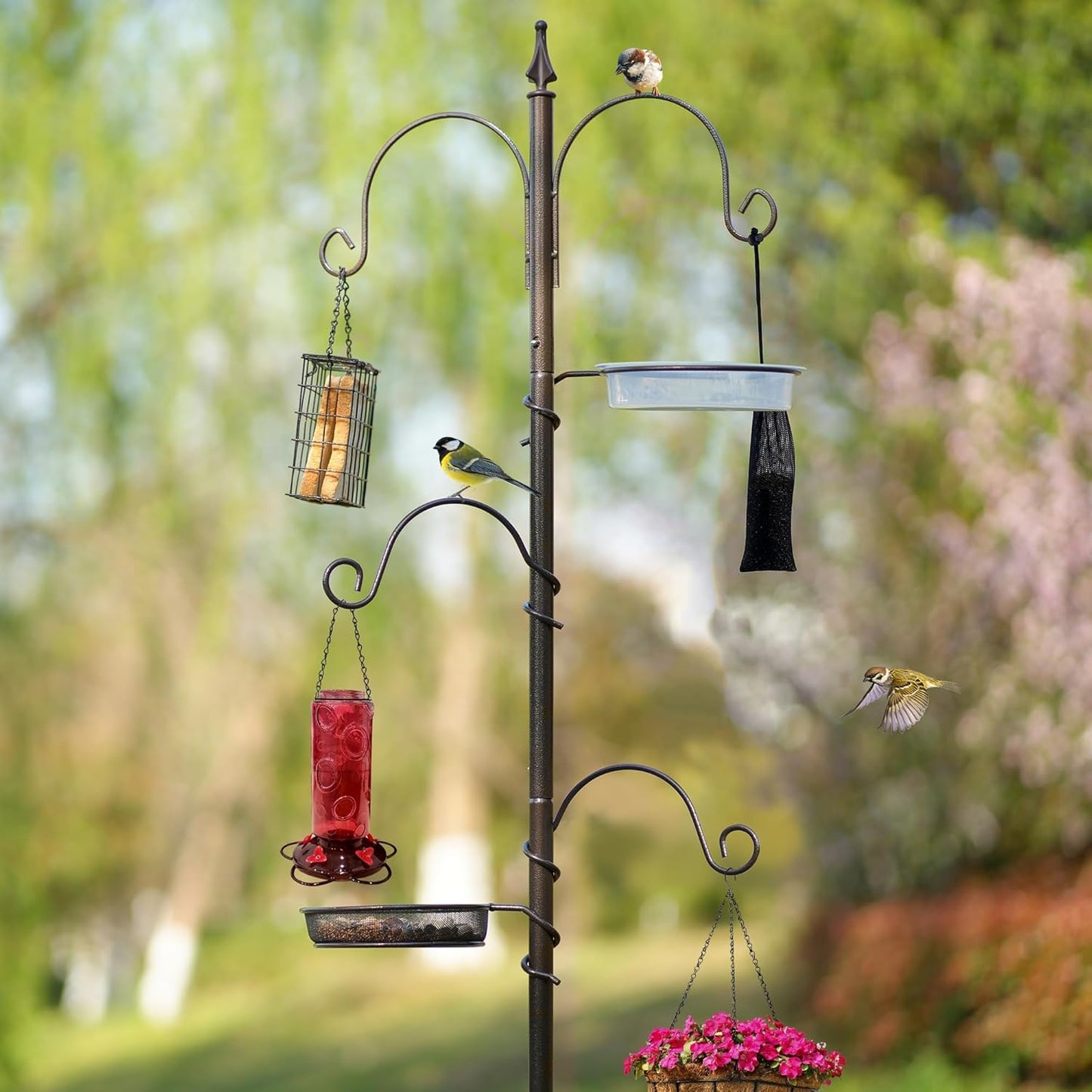 ERYTLLY Bird Feeding Station Kit Bird Feeder Poles,Premium Multi Feeder Hanging Kit with Suet Cage and Bird Bath Bird Food Finch Sock for Attracting Wild Birds and Plants,Baskets,Lanterns,Wind Chimes
