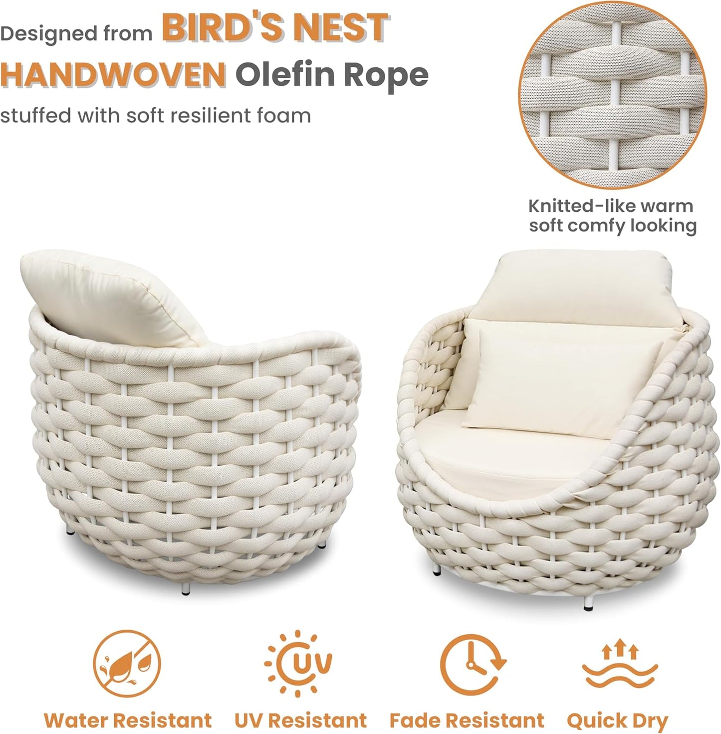 Front Porch Furniture Set 3 Piece: Aluminum Woven Rope Patio Conversation Sofa Set for 2 - Assembled Outdoor Deck Couch Armchair Set Cushions - for 400lb Balcony Pool Yard Bistro Hotel Lanai - Beige