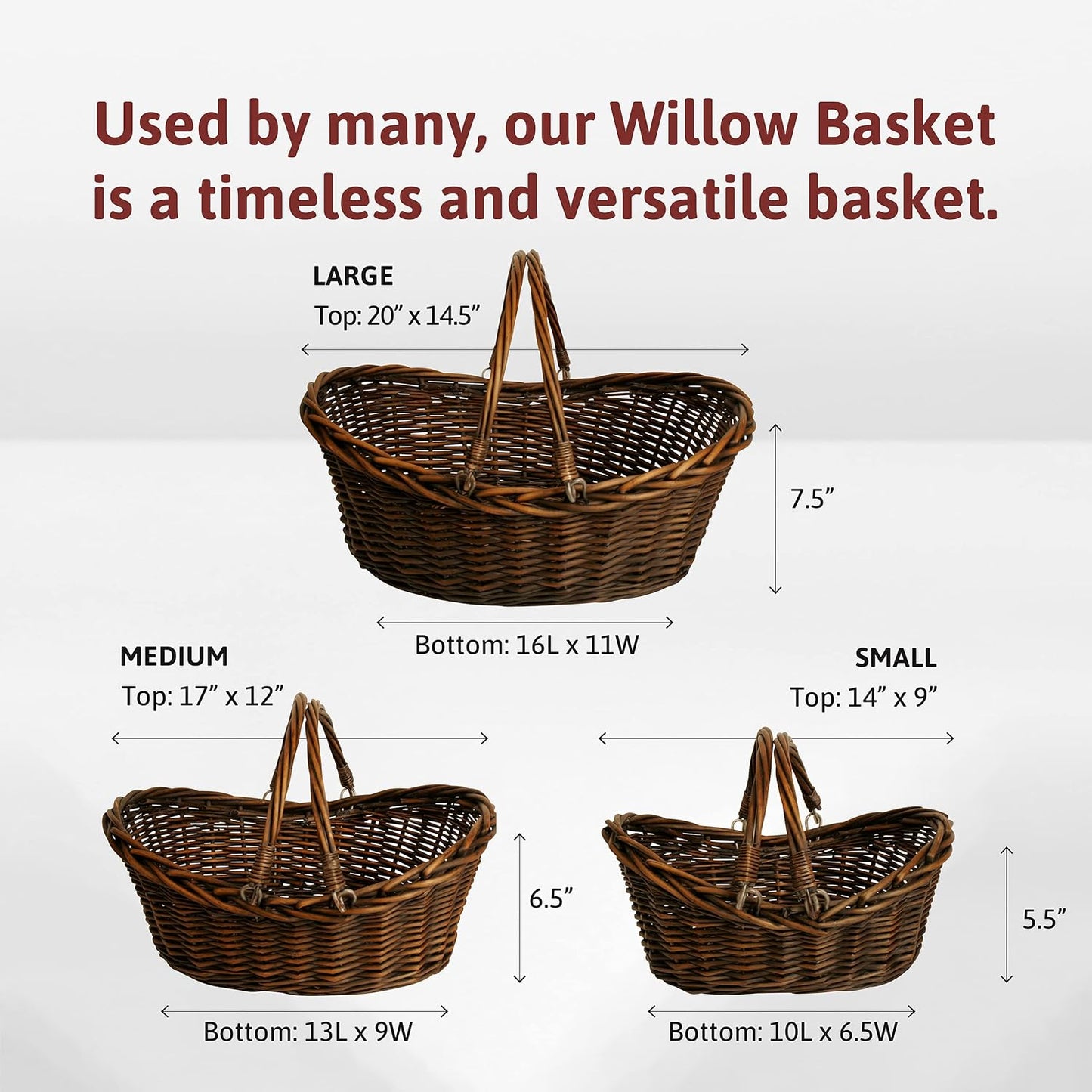 Wald Imports - Medium Wicker Basket with Handle - Dark Brown Hand Woven Harvest Basket - Wicker Flower Basket for Storage, Picnics, Easter, Organizing, and More (17 x 6.5 inches)