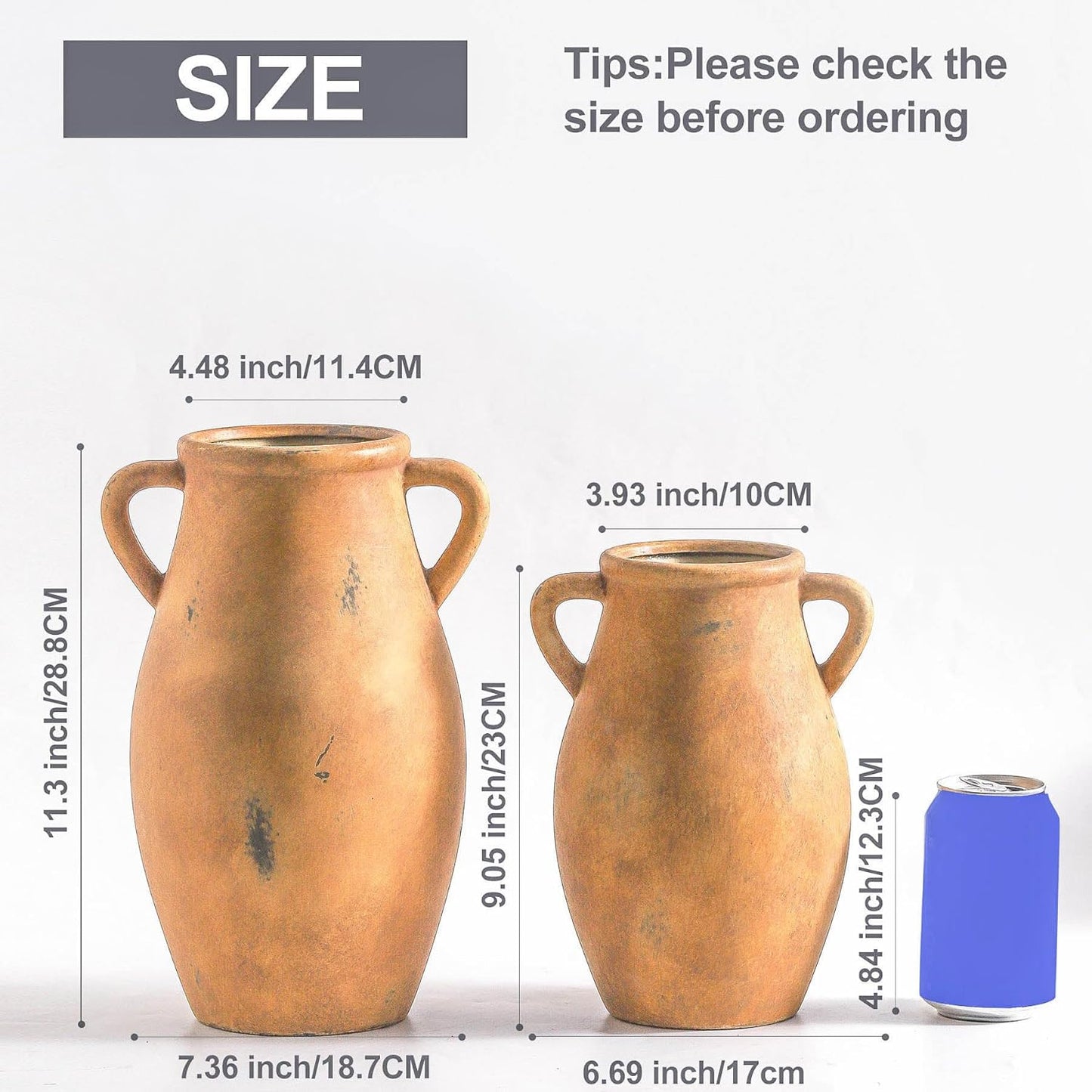 Large Ceramic Flower Vase,11.3 inch Terracotta Vase with 2 Handles, Rustic Farmhouse Vases, Decorative Pottery Flower Vases for Home Decor, Living Room Shelf Decor, Table