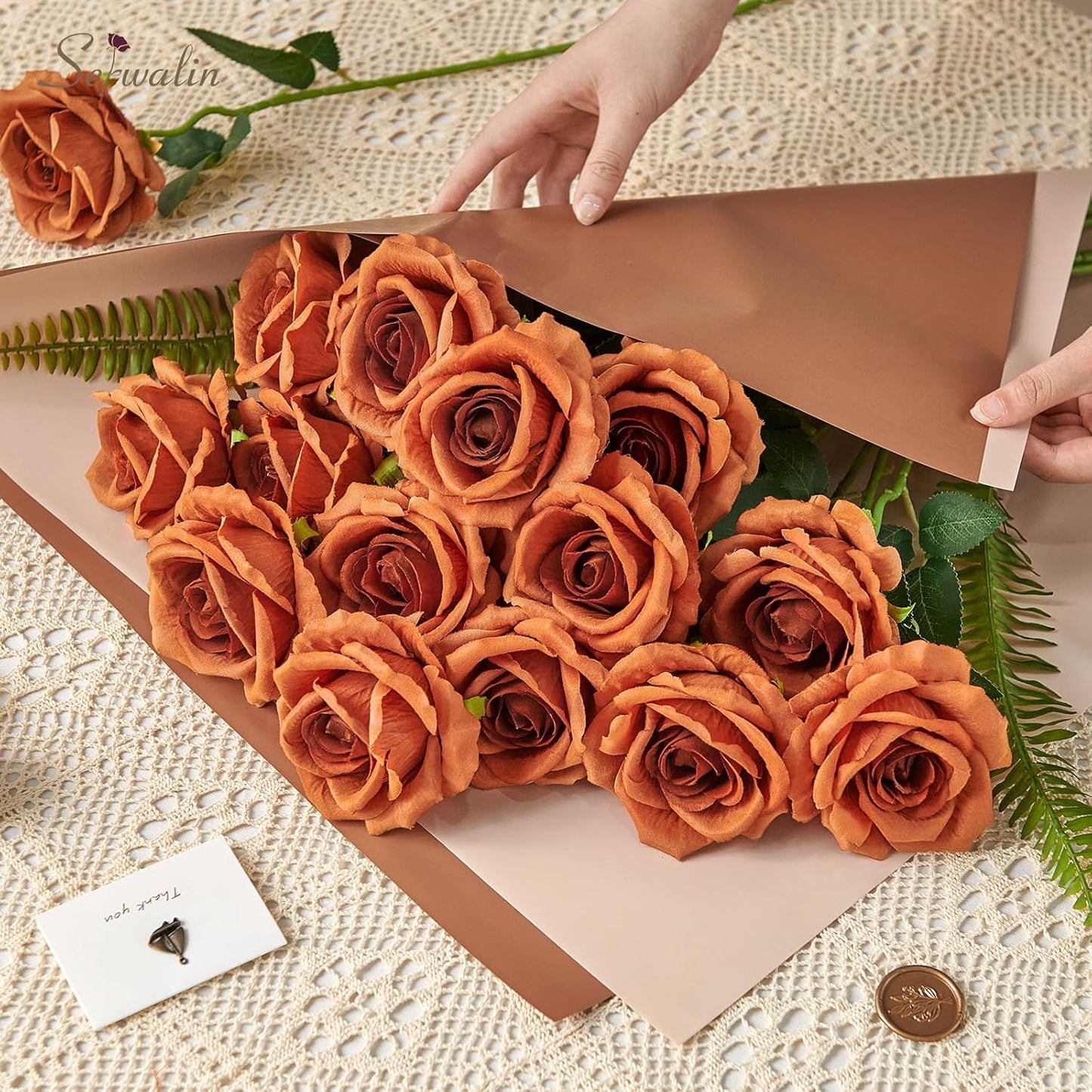 Serwalin 20pcs Artificial Burnt Orange Roses, 4'' Big Flower Head Fake Roses, Velvet Real Touch Roses, Silk Roses Long Stems for Home Decor Wedding Bouquet and Table Centerpiece
