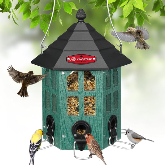 Kingsyard Wild Bird Feeder for Outdoor Hanging, Recycled Plastic Bird Feeders with 6 Ports & U-Shape Perch, Garden Yard Outside Decoration, 3.5 lbs Seed Capacity, Green