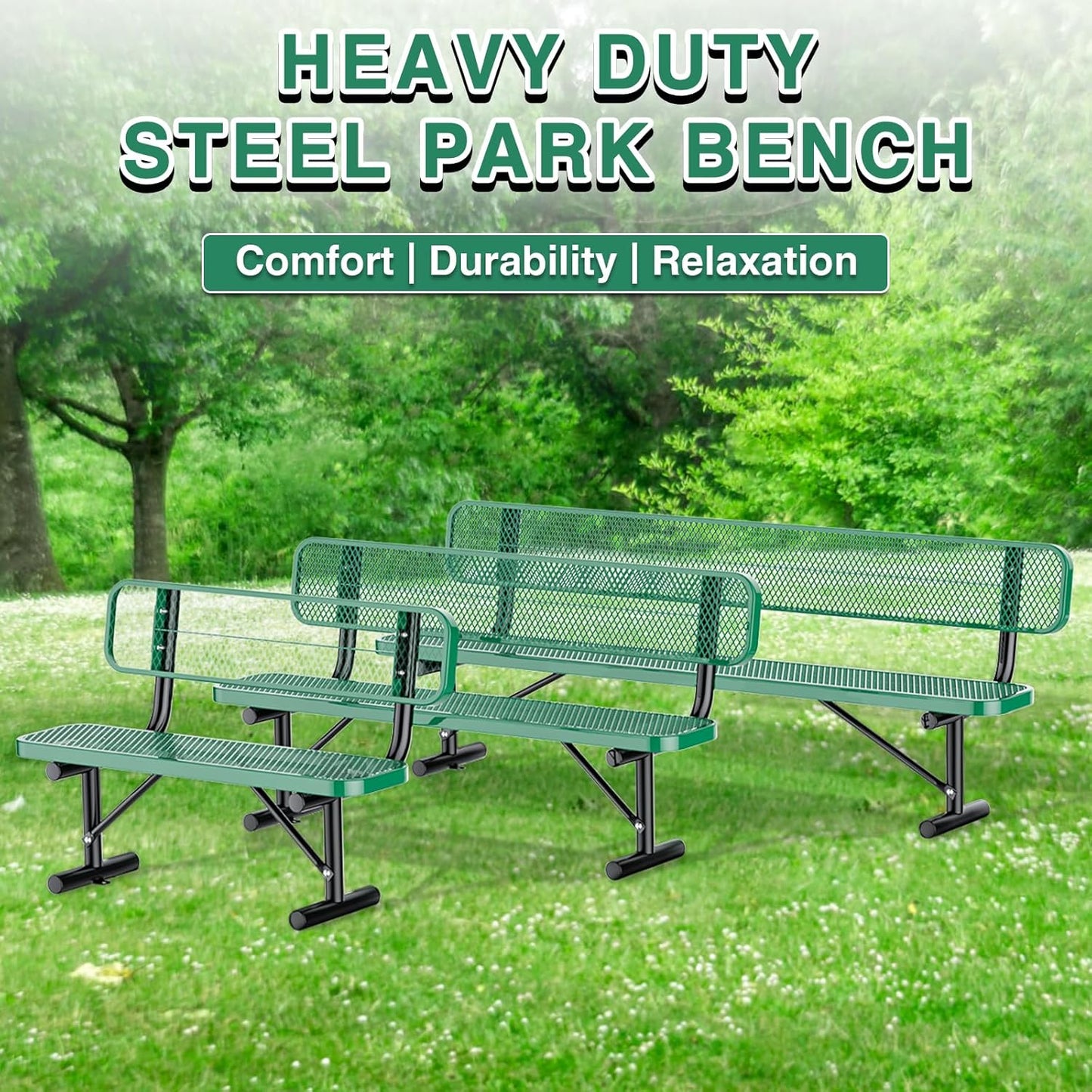 8Ft Outdoor Bench with Back Portable Frame, Outdoor Steel Park Bench with Backrest, Expanded Metal Mesh Bench for Outside, Lawn, Backyard, Park, Deck, Garden, Patio, Porch, Green