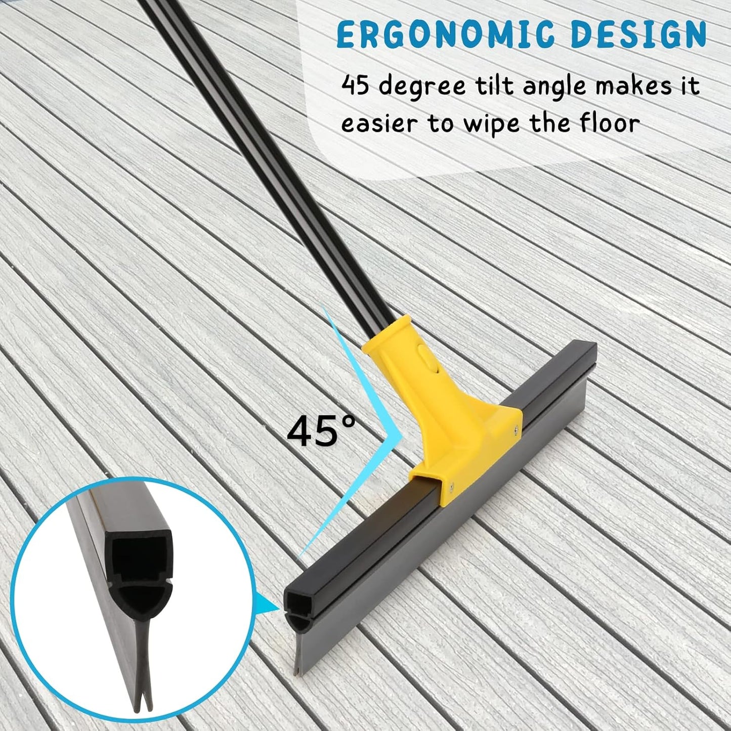 Squeegee Broom for Floor, 18'' Heavy Duty Rubber Wiper with 60'' Long Handle for Bathroom Tile, Garage Concrete, Deck, Shower Glass, Window Cleaning