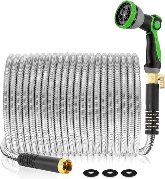 Metal Garden Hose 150Ft Stainless Steel Water Hose Heavy Duty with 10 Way Nozzle-Flexible Lightweight Durable No Kink & Tangle，Strong 3/4’’ Solid Metal Fitting Shut-Off Valve for Outdoor Yard