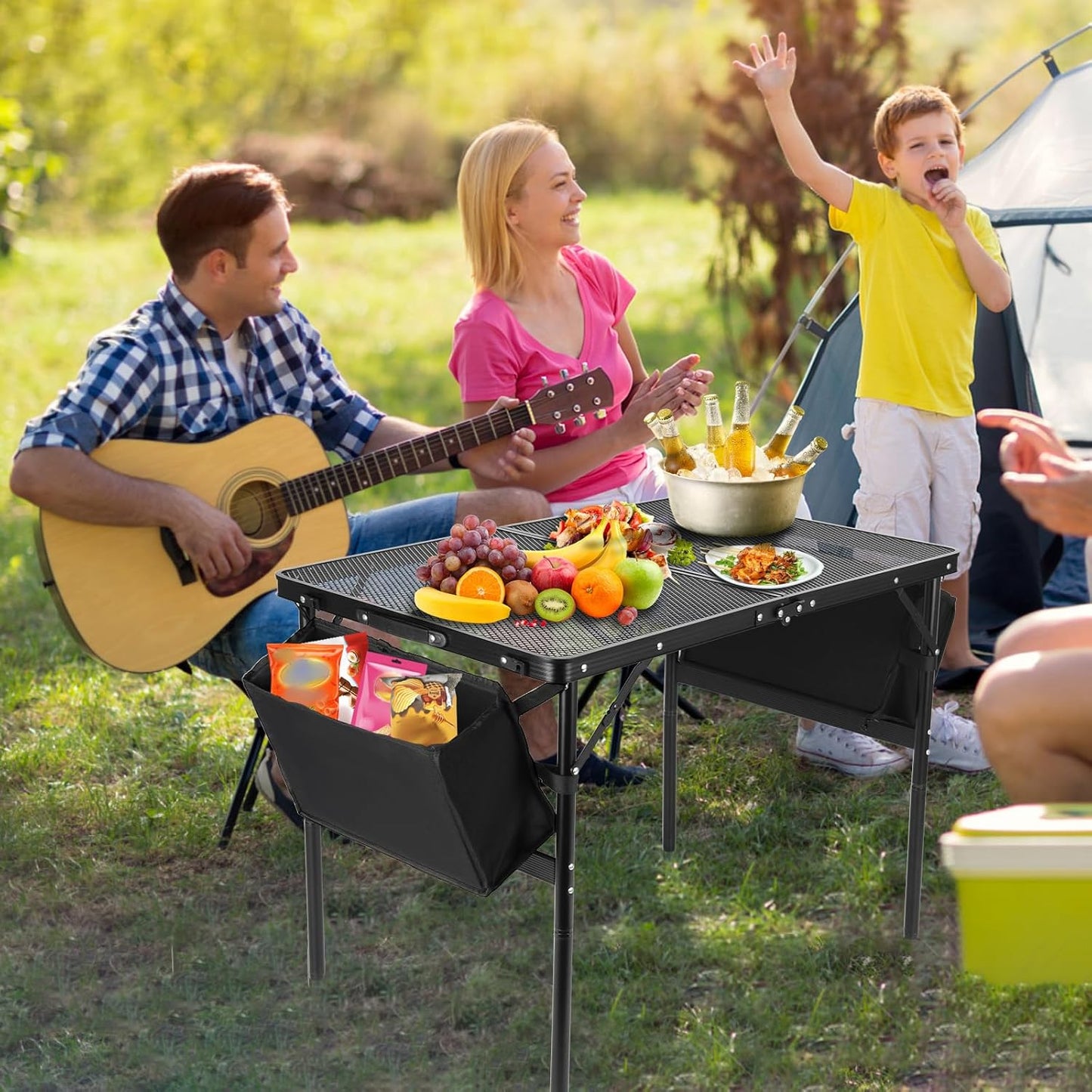 Camping Table 3FT Grill Table with 2×7/15L Storage Bag Foldable Folding Table Picnic Portable Stand Mesh 2 Height Adjustable Outdoor Card BBQ 35.4×23.6×26 inch