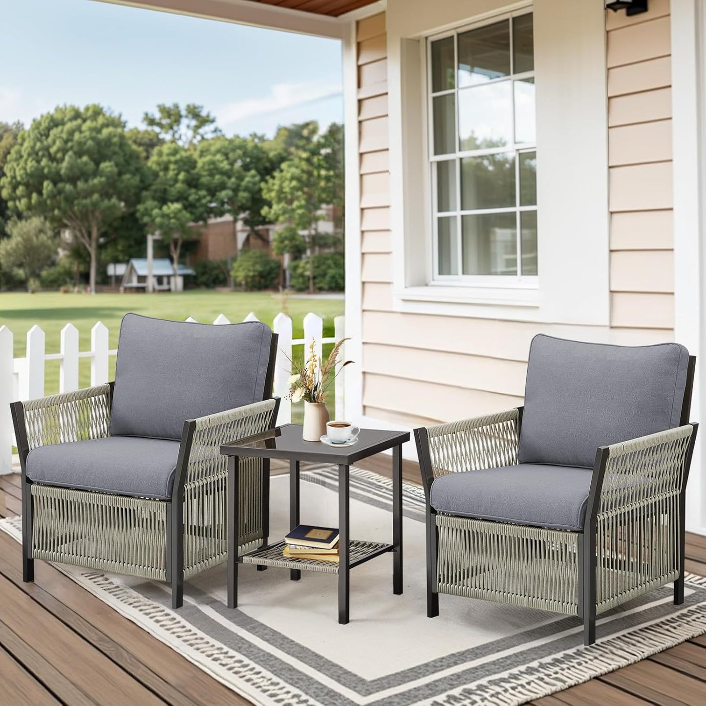 Patio Furniture Wicker Outdoor Conversation Set, 3-Piece All Weather Patio Furniture Rattan Rocking Sets with Removable Cushions & Side Table for Backyard, Balcony and Deck, Dark Grey