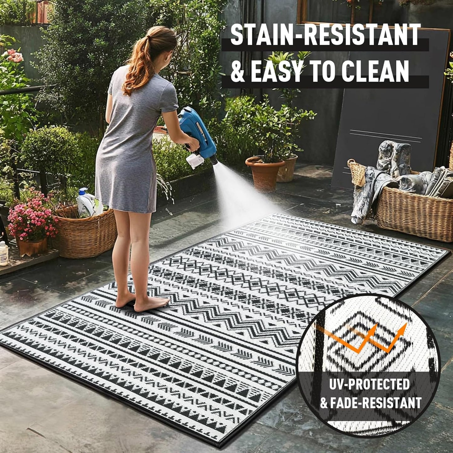 WILDROOTS 5x8 Feet Black and White Plastic Outdoor Rug, Stain Resistant Waterproof Reversible Outdoor Patio Rug, Fade Resistant Camping Rug