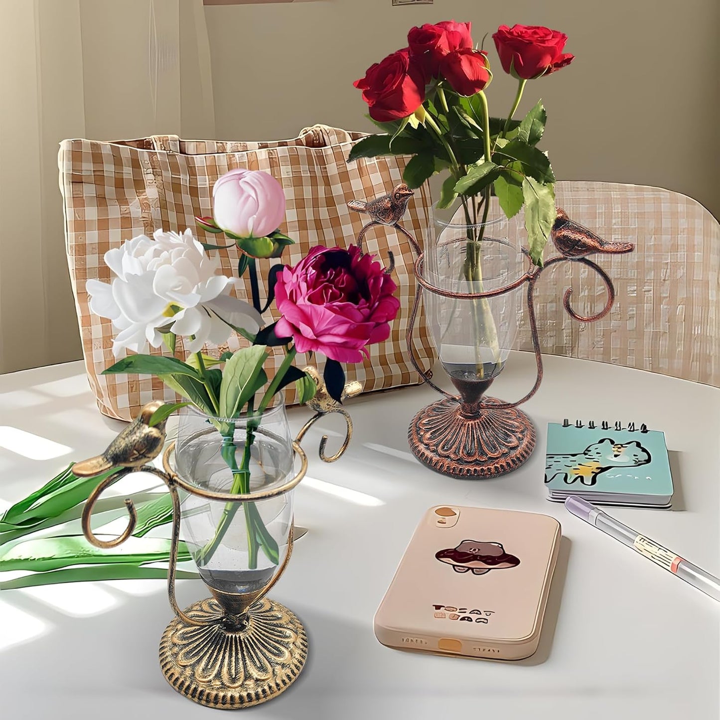 2 Pack Desktop Plant Terrarium,Bird Art Glass Propagation Vase, Propagation Planters with Vintage Metal Frame, Suitable for Decoration of Desktop Hydroponic Plants in Office and Living Room