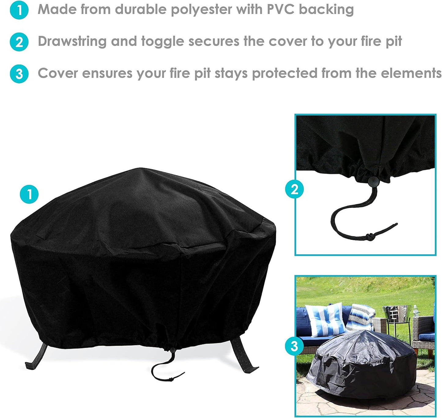 Sunnydaze Round Outdoor Fire Pit Cover - Heavy-Duty 300D Polyester and PVC with Drawstring Closure - Black - 36-Inch
