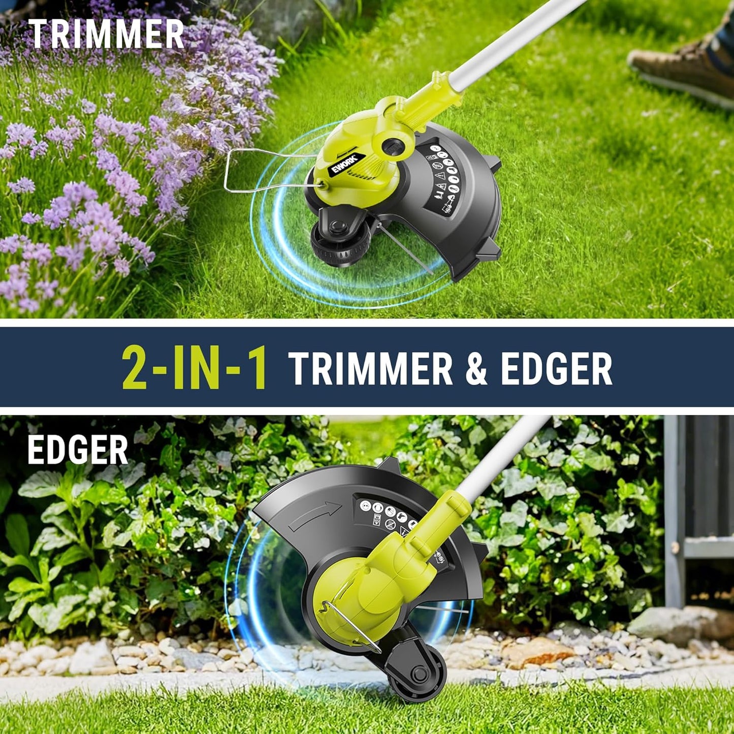 EWORK 20V Electric Weed Wacker 12-Inch Trimmer and Edger with Auto Line Feed, Cordless String Trimmer with 2.0Ah Battery and Charger & 6 Replacement Spools for Lawn, Garden, Yard, etc