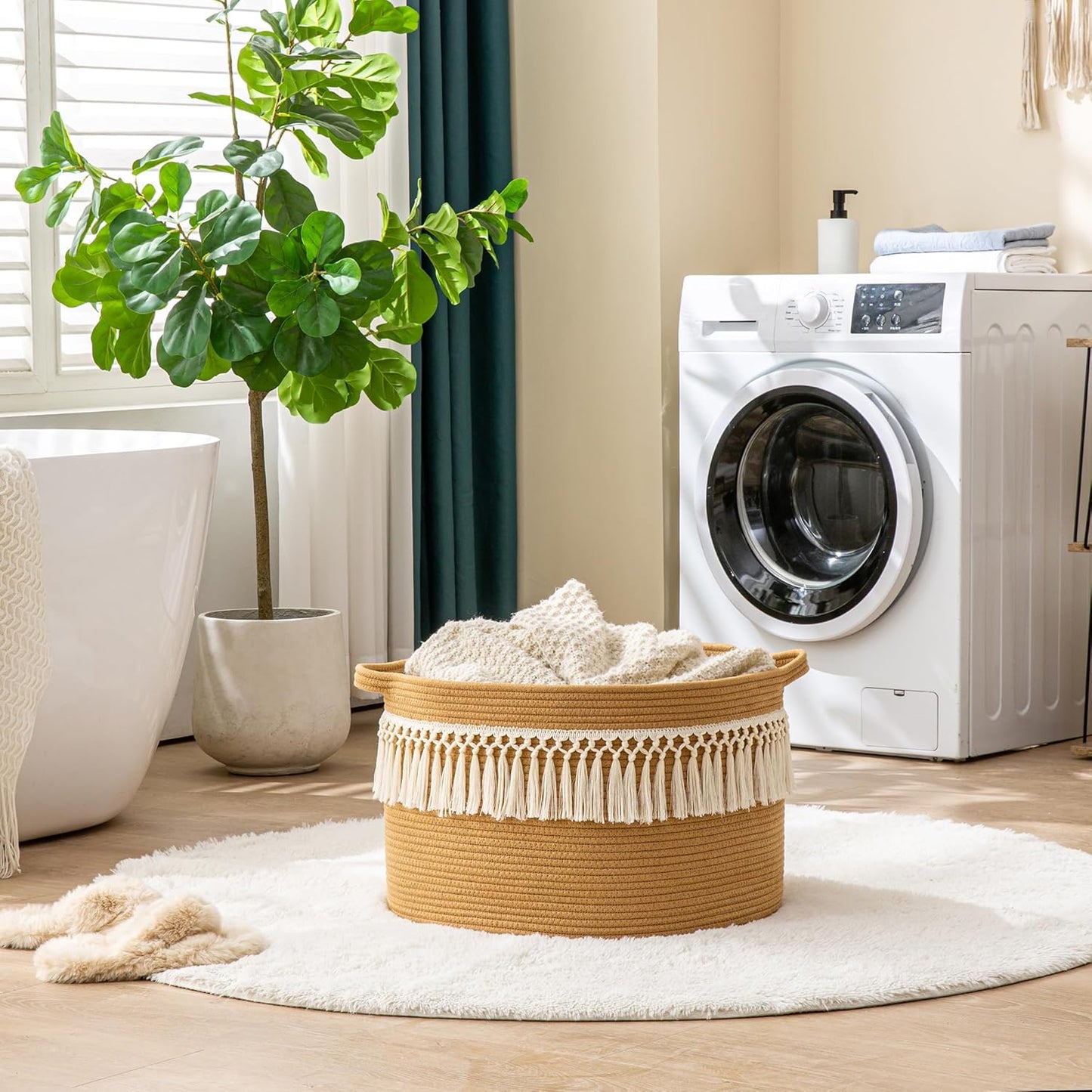 KAKAMAY Large Blanket Basket (20"x13"),Woven Baskets for storage Baby Laundry Hamper, Cotton Rope Blanket Basket for Living Room, Laundry, Nursery, Pillows, Baby Toy chest (Brown Fringe)