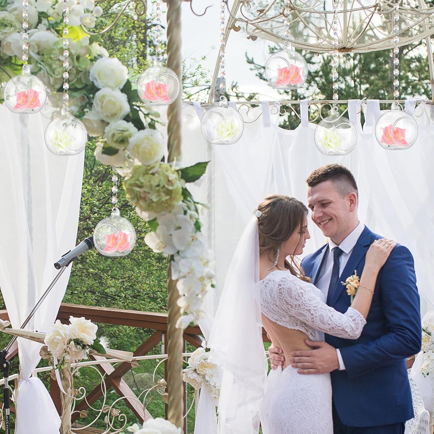 24 Sets Hanging Glass Candle Holder Wedding Glass Globe with Acrylic Gems Bead Garland Tea Light Holder Orbs Container for Flower Plants Micro Landscape DIY Xmas Tree Party Decoration 2.36 Inch