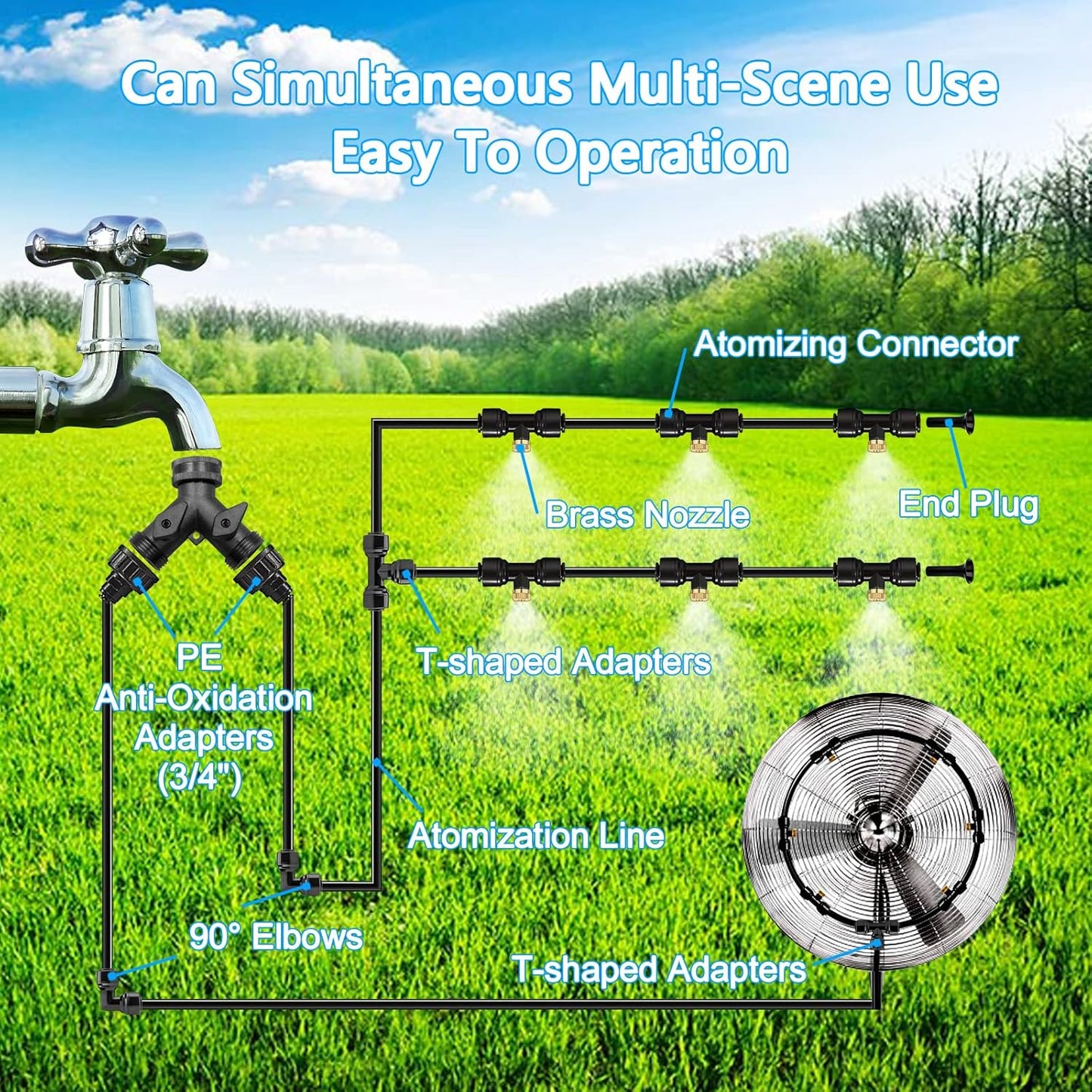 Misting Systems, Misters for Outside Patio, 100FT Misting Cooling System+30 Brass Mister System+2 PE Antioxidant Adapters 3/4"+2 Tee Adapters+2 90 Degree Elbows for Pasture, Garden, Greenhouse, Gazebo