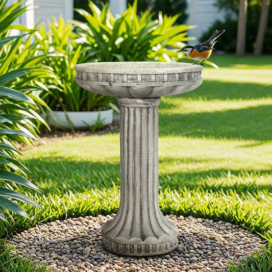 SunJet 24” H x 16” Dia Outdoor Birdbath with Classical Pedestal - Fibre Reinforced Concrete Birdbaths, Vintage Design for Garden Decor & Bird Attraction