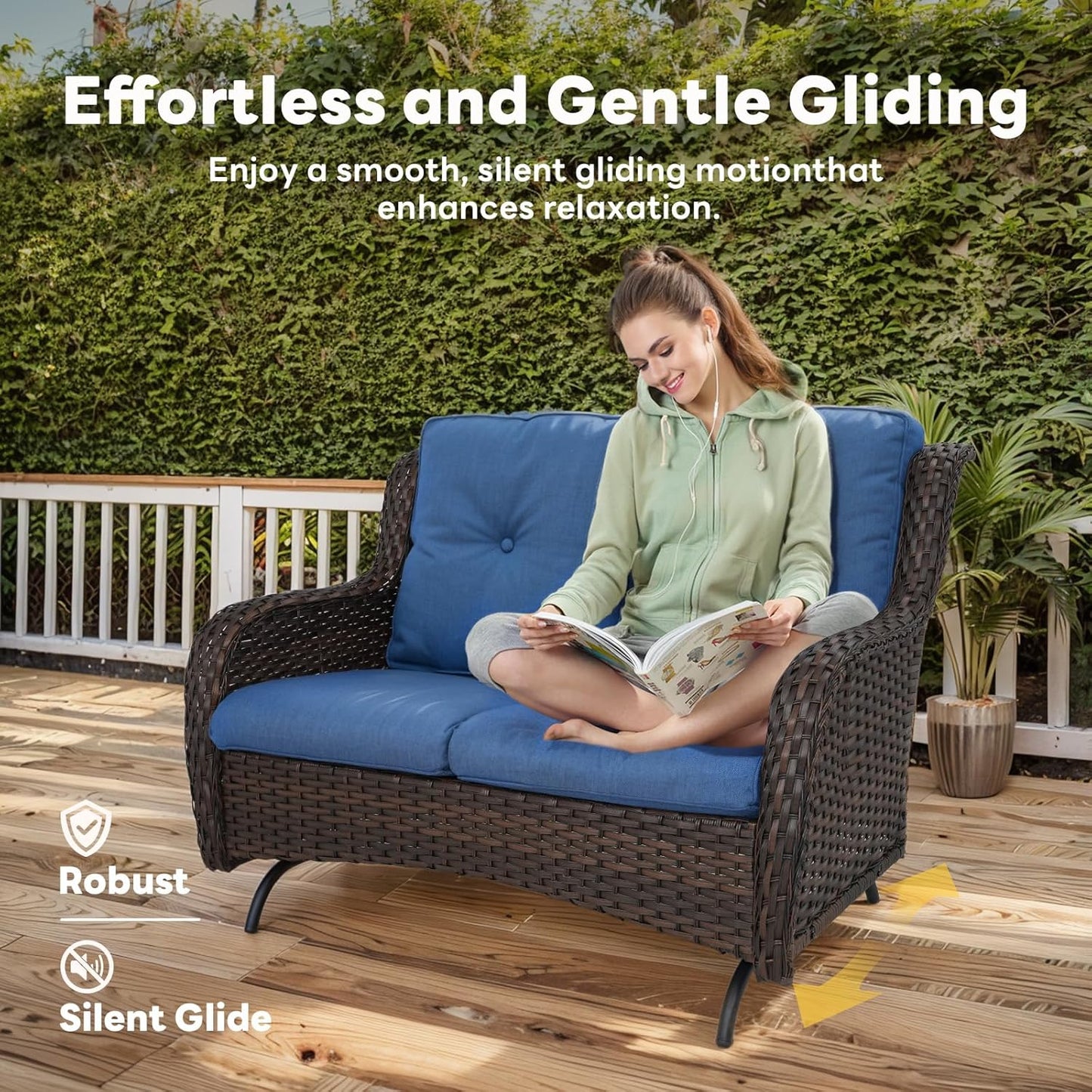 5 Piece Outdoor Patio Furniture Set - Outdoor Conversation Couch and Loveseat Glider Chair Furniture Set with Rattan Coffee Table for Deck Balcony Poolside Brown Wicker/Blue Cushions