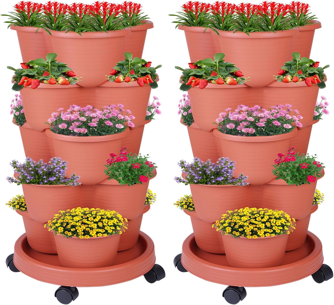 5-Tier Vertical Garden Tower Stackable Planter for Strawberries, Flowers, Vegetables & Herbs 2-Pack