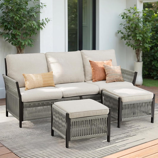 3 Pieces Patio Furniture Set, Outdoor Sectional Wicker Patio Couch with Ottoman & Washable Cushions All-Weather PE Rattan Patio 3-Seating Sofas for Garden, Porch, Backyard - Beige