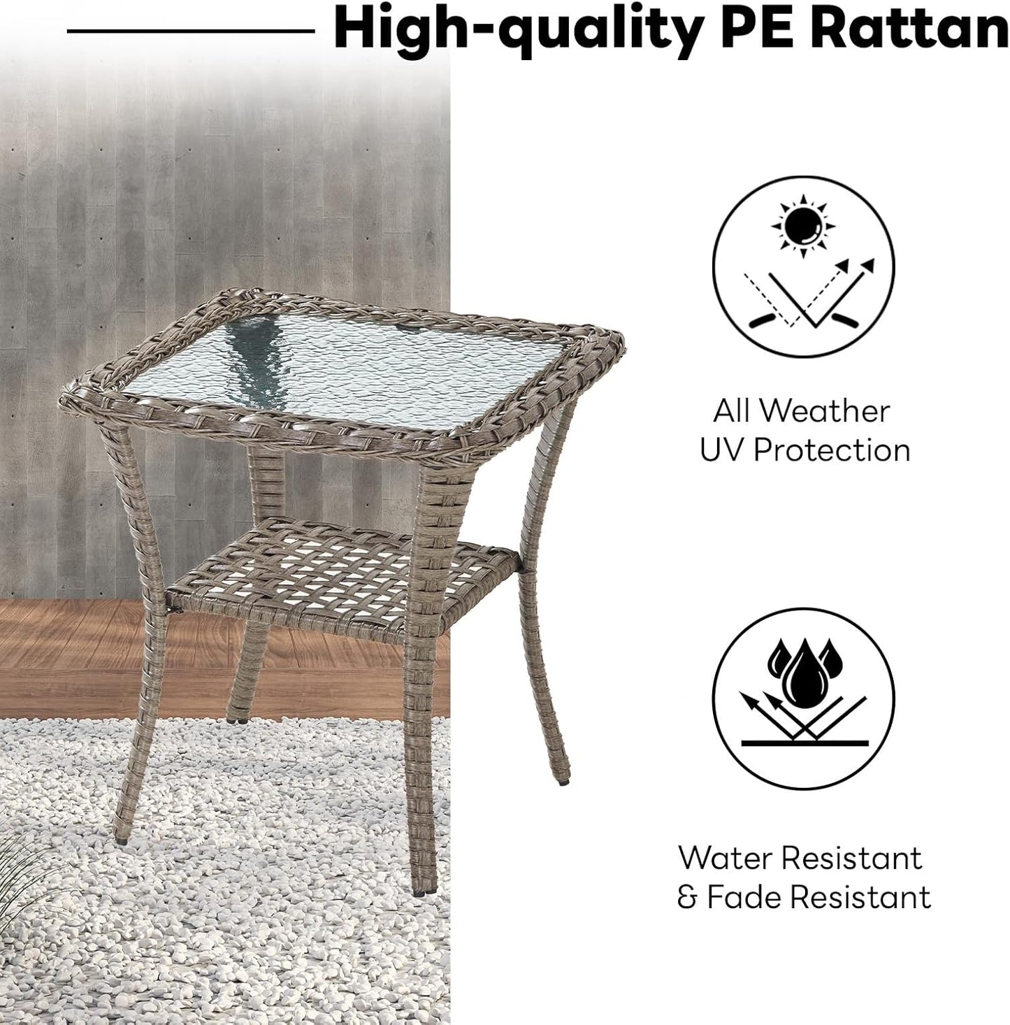 Handwoven Wicker Side Table - 20 Inch Small Outdoor Table 2 Tier Storage with Tempered Glass Top, All Weather Outdoor Patio End Tables for Deck Balcony Outside Gray
