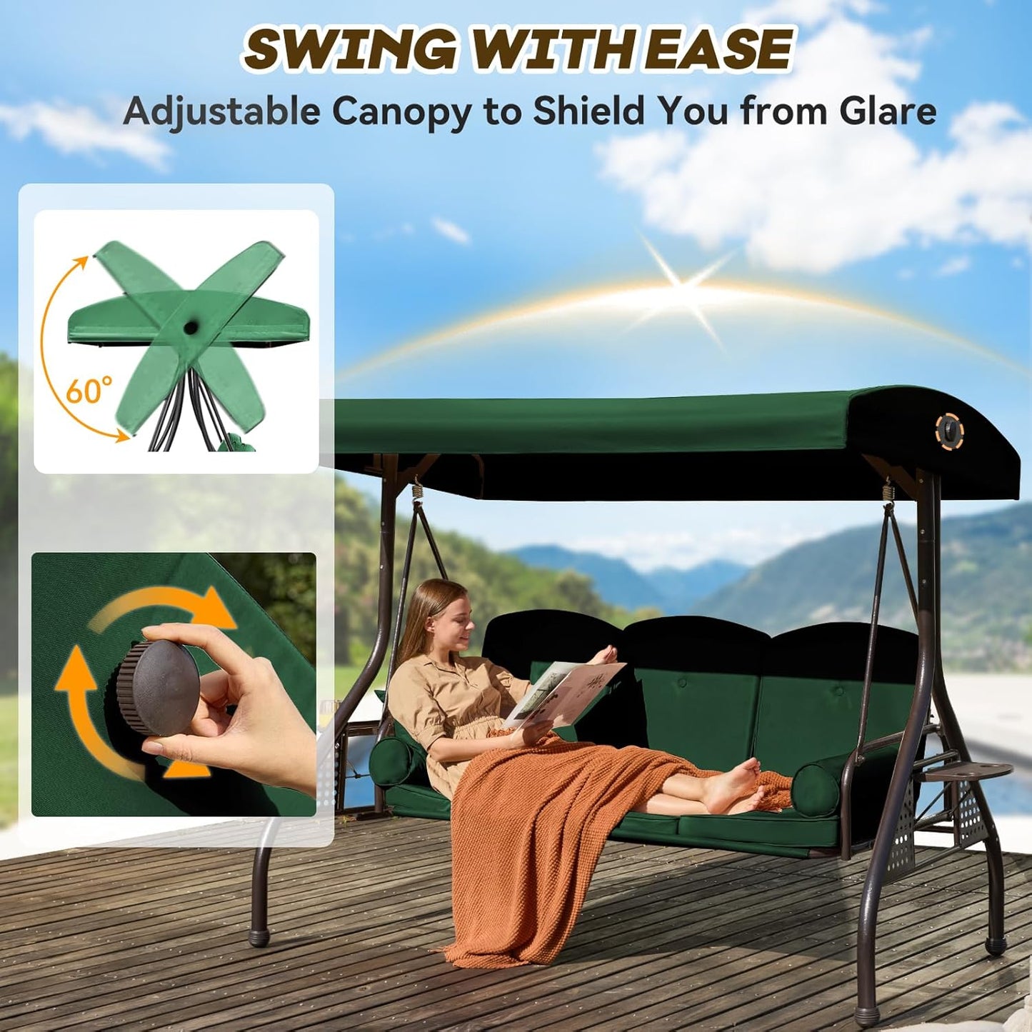 3 in 1 Patio Swing with Adjustable Canopy for Adults, 3 Seat Outdoor Swing with Thickened Cushions,Pillows & Cup Holders for Backyard, Porch, Garden (Green)