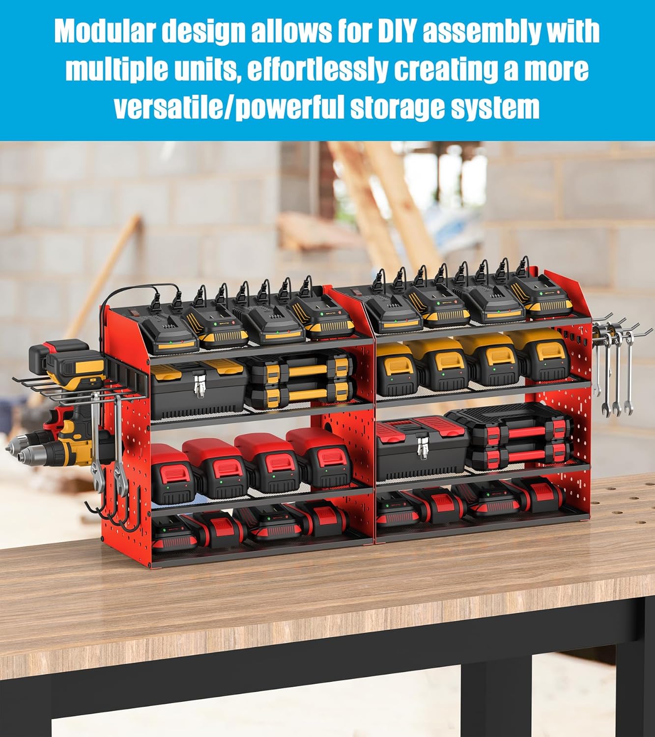 CCCEI Modular Desk Power Tools Organizer with Charging Station, 4 Layer Drills Battery Storage Wall Mount, Garage Shop Organization, Anniversary, Birthday, Gifts for Men, Father, Red, 10FT Cord.
